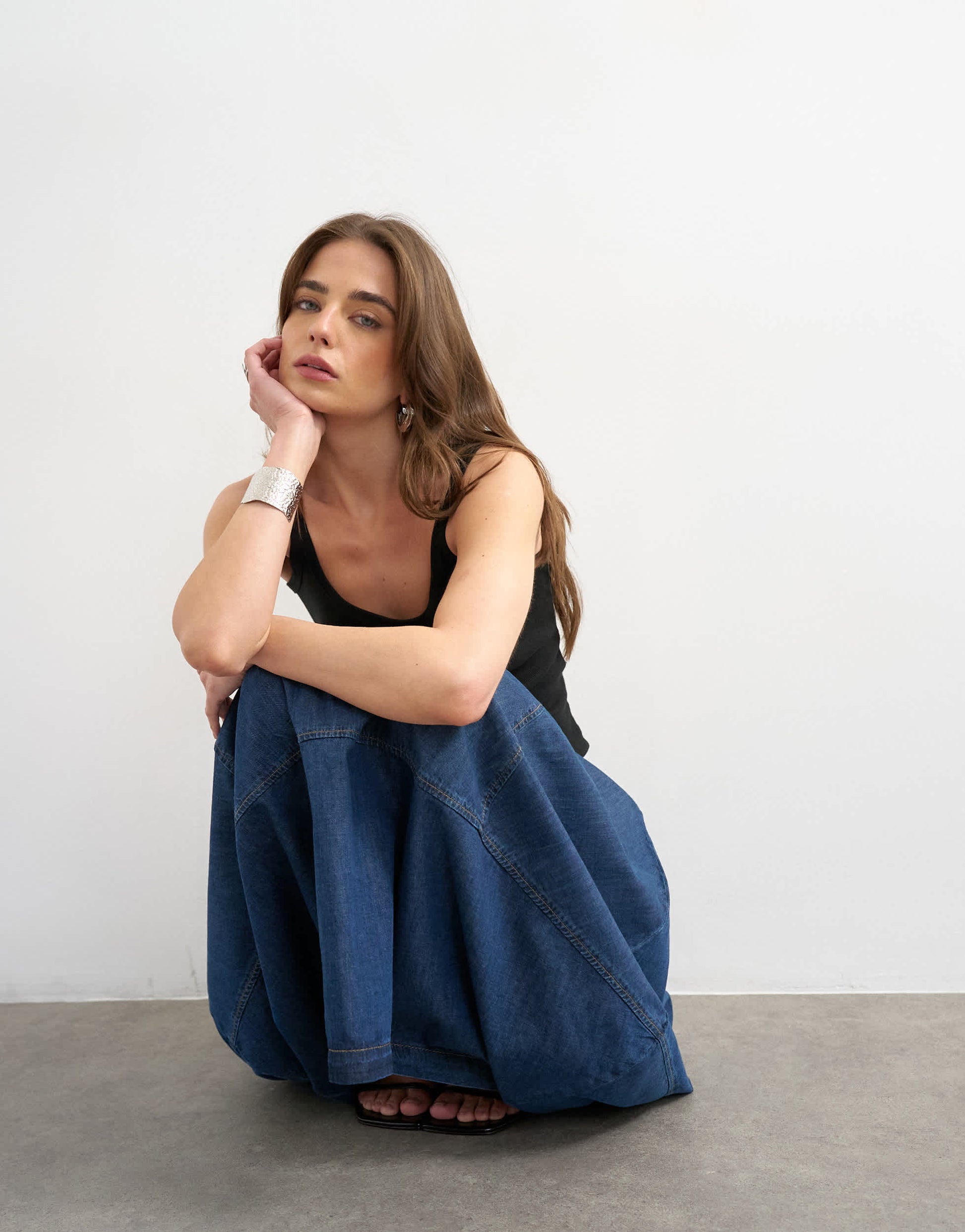 Topshop denim seamed barrel maxi skirt in rich blue