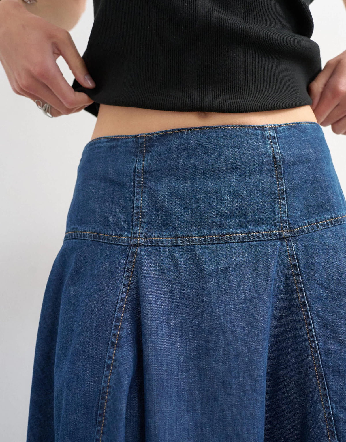 Topshop denim seamed barrel maxi skirt in rich blue