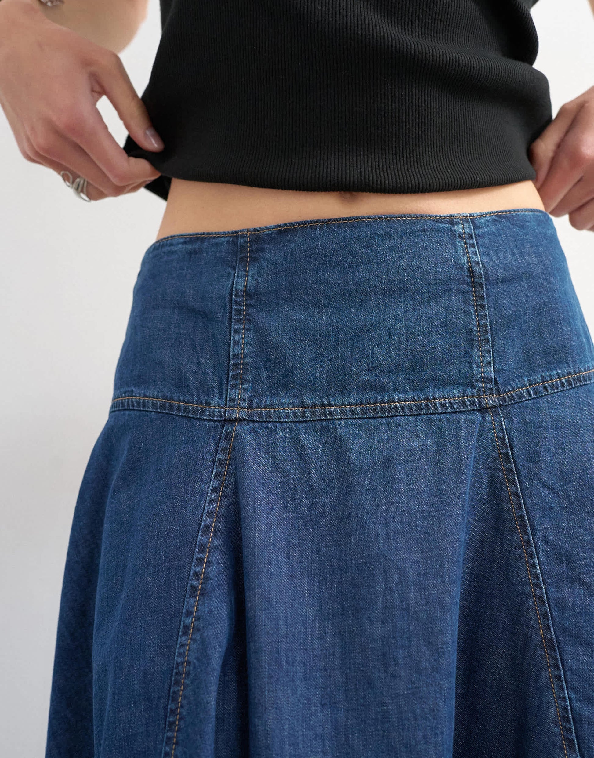 Topshop denim seamed barrel maxi skirt in rich blue