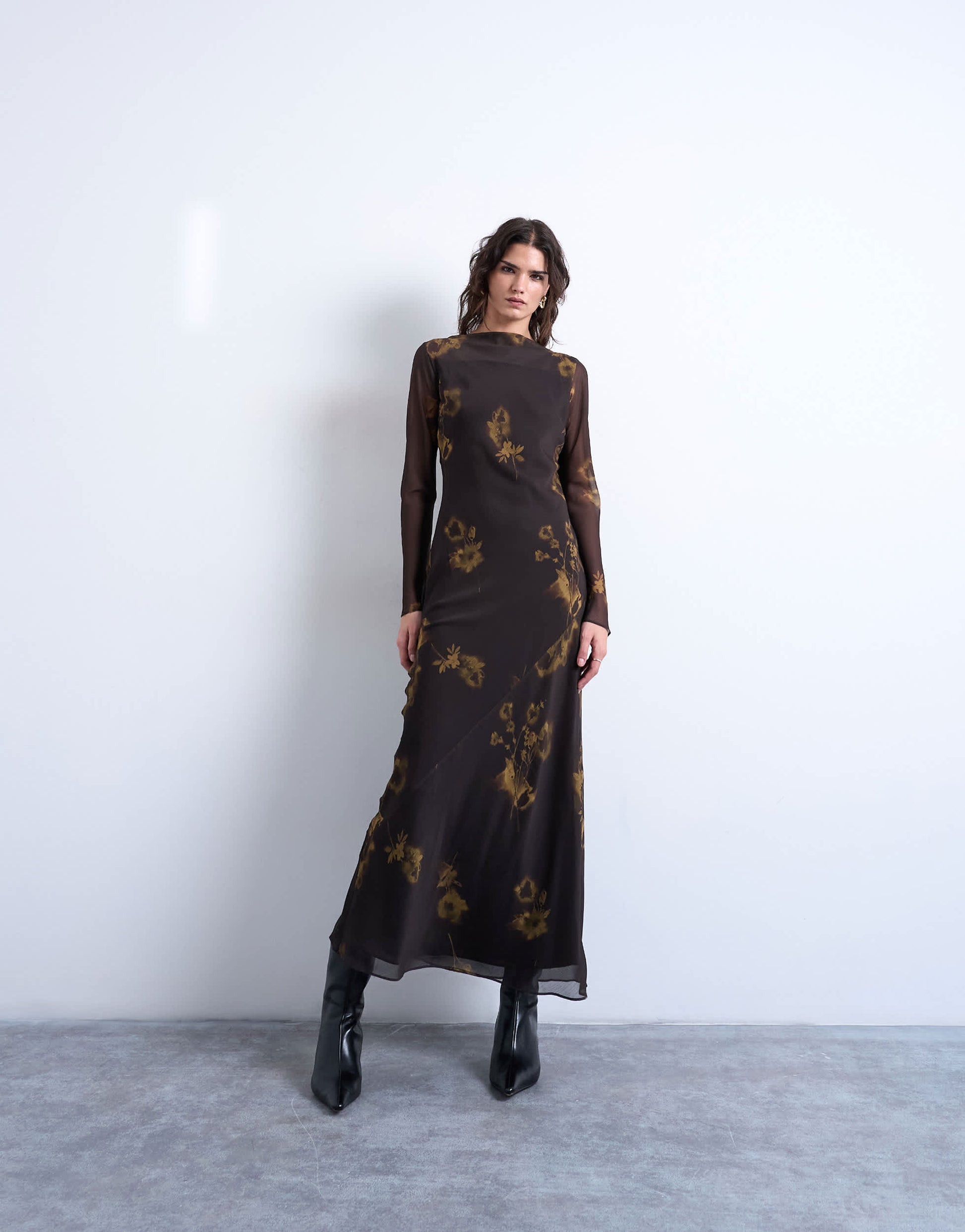 Topshop slash neck chiffon maxi dress in brown and lime floral print