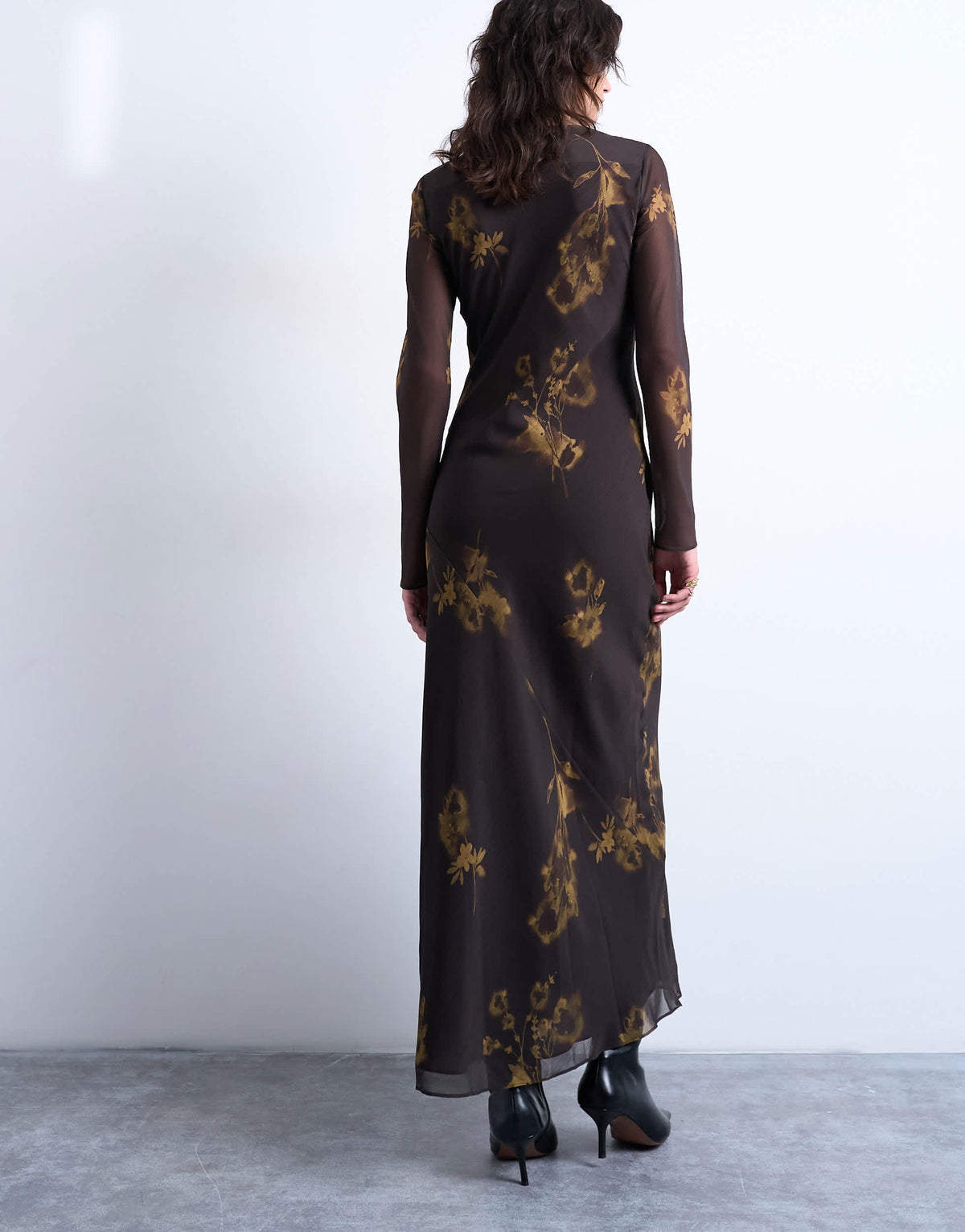 Topshop slash neck chiffon maxi dress in brown and lime floral print