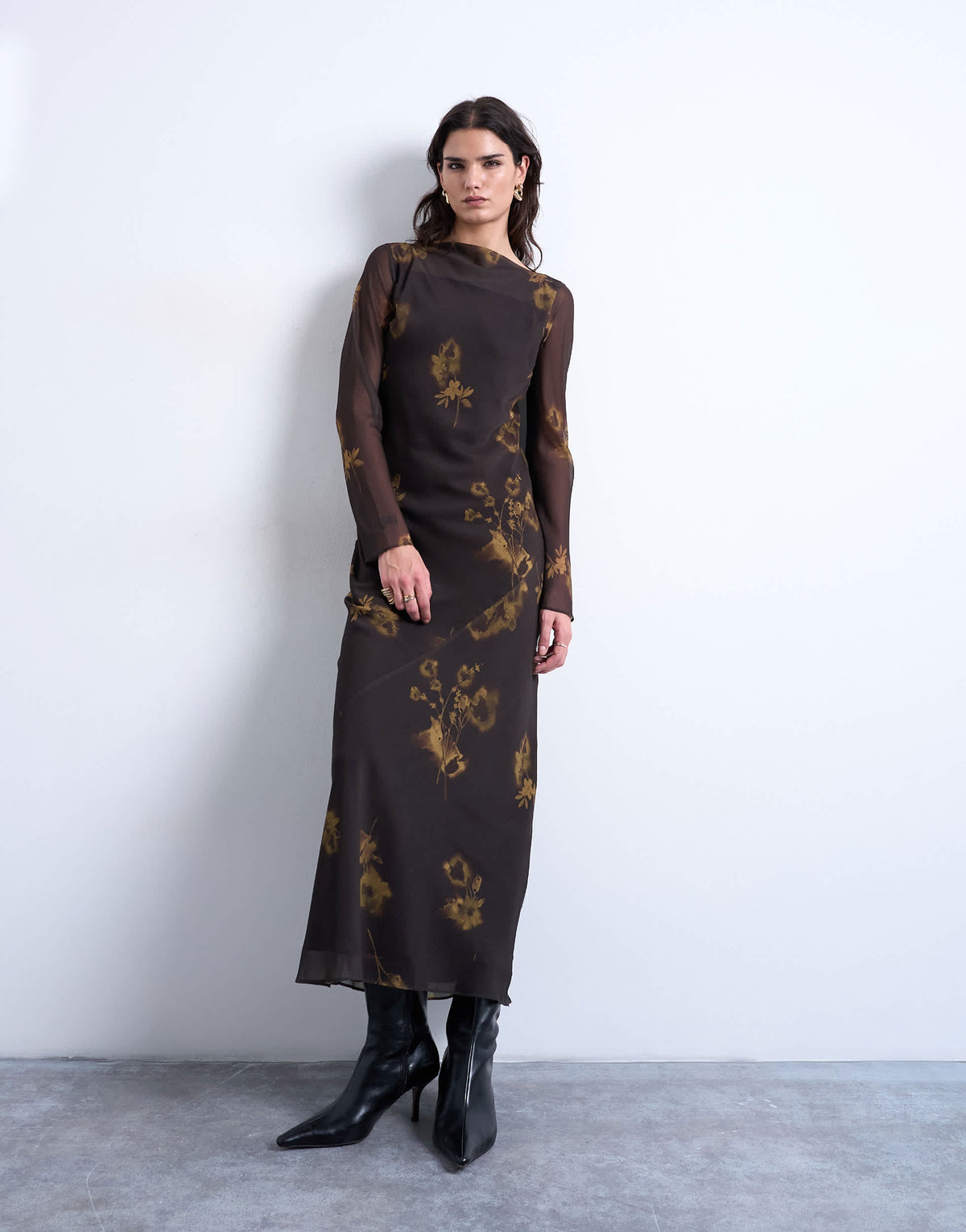 Topshop slash neck chiffon maxi dress in brown and lime floral print