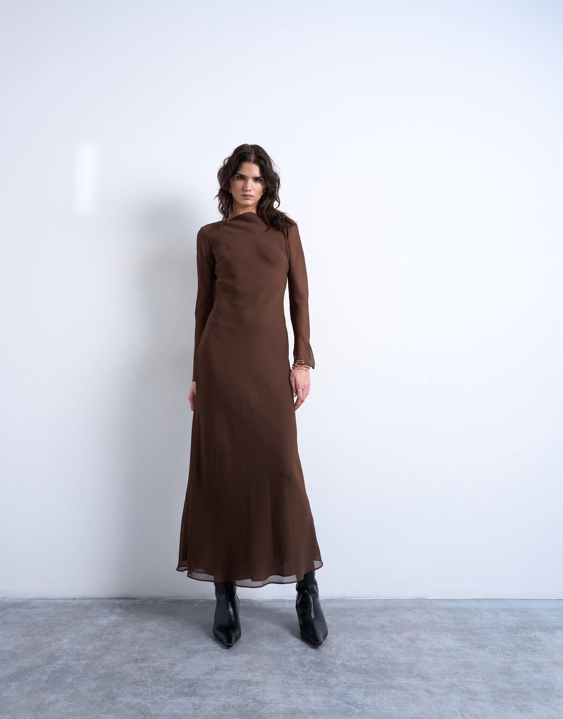 Topshop slash neck chiffon maxi dress in chocolate