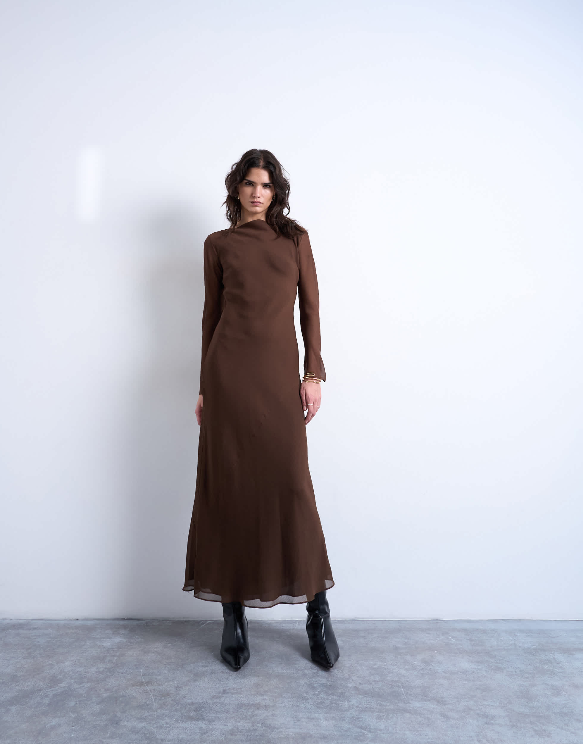 Topshop slash neck chiffon maxi dress in chocolate