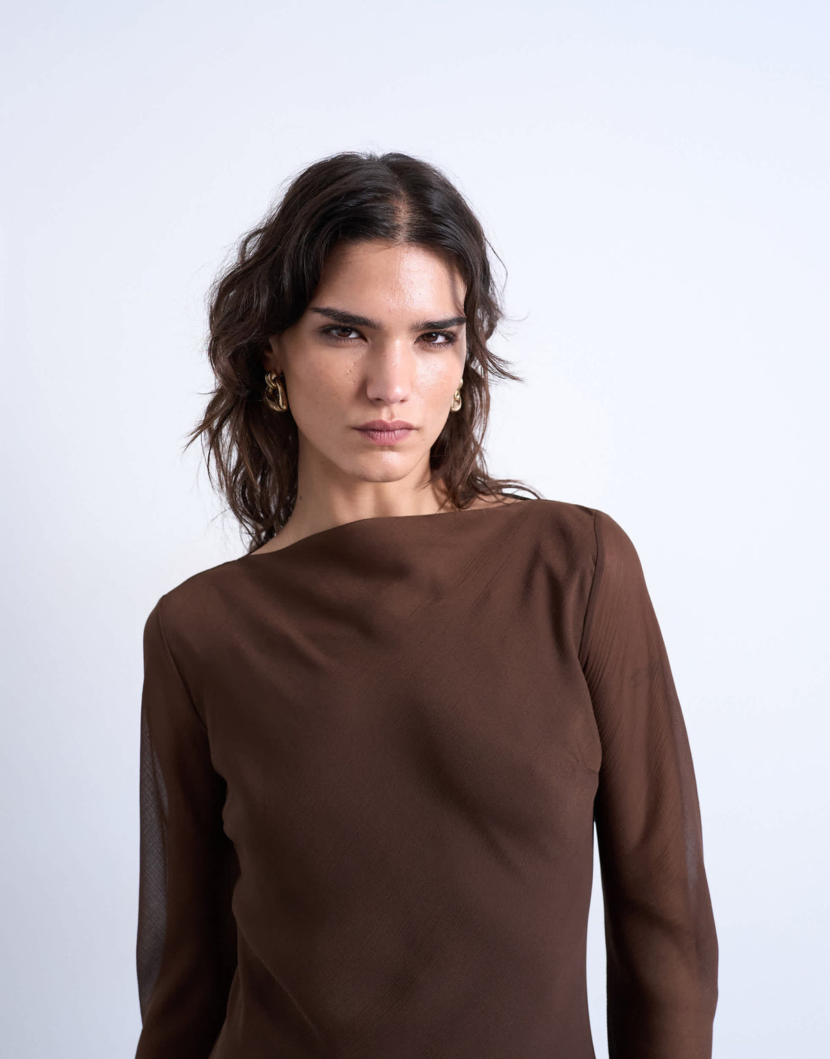 Topshop slash neck chiffon maxi dress in chocolate