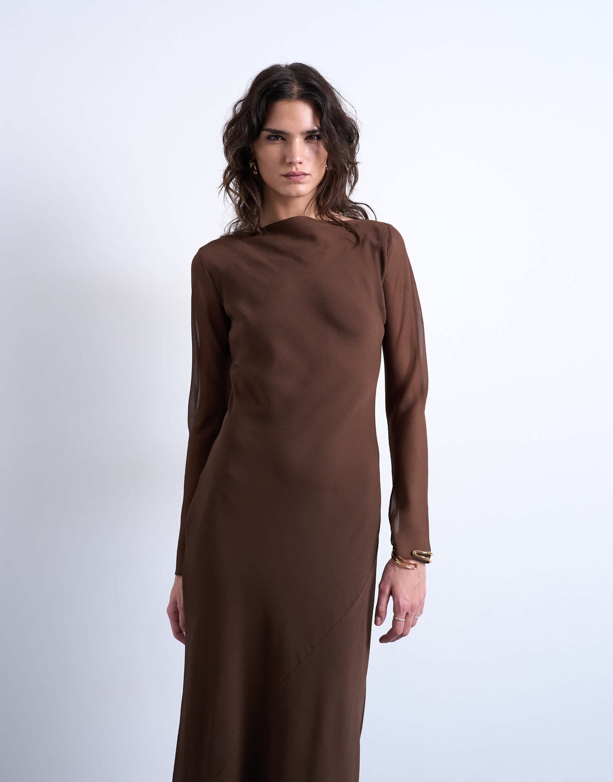 Topshop slash neck chiffon maxi dress in chocolate