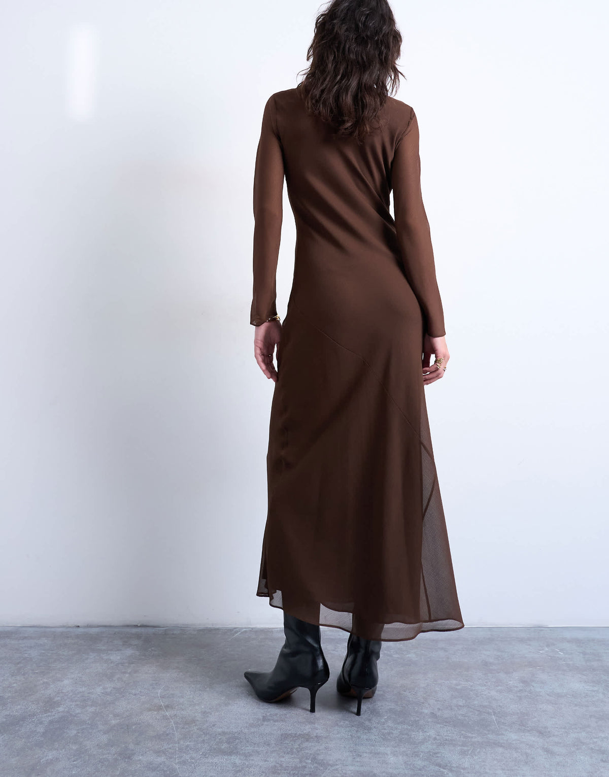 Topshop slash neck chiffon maxi dress in chocolate