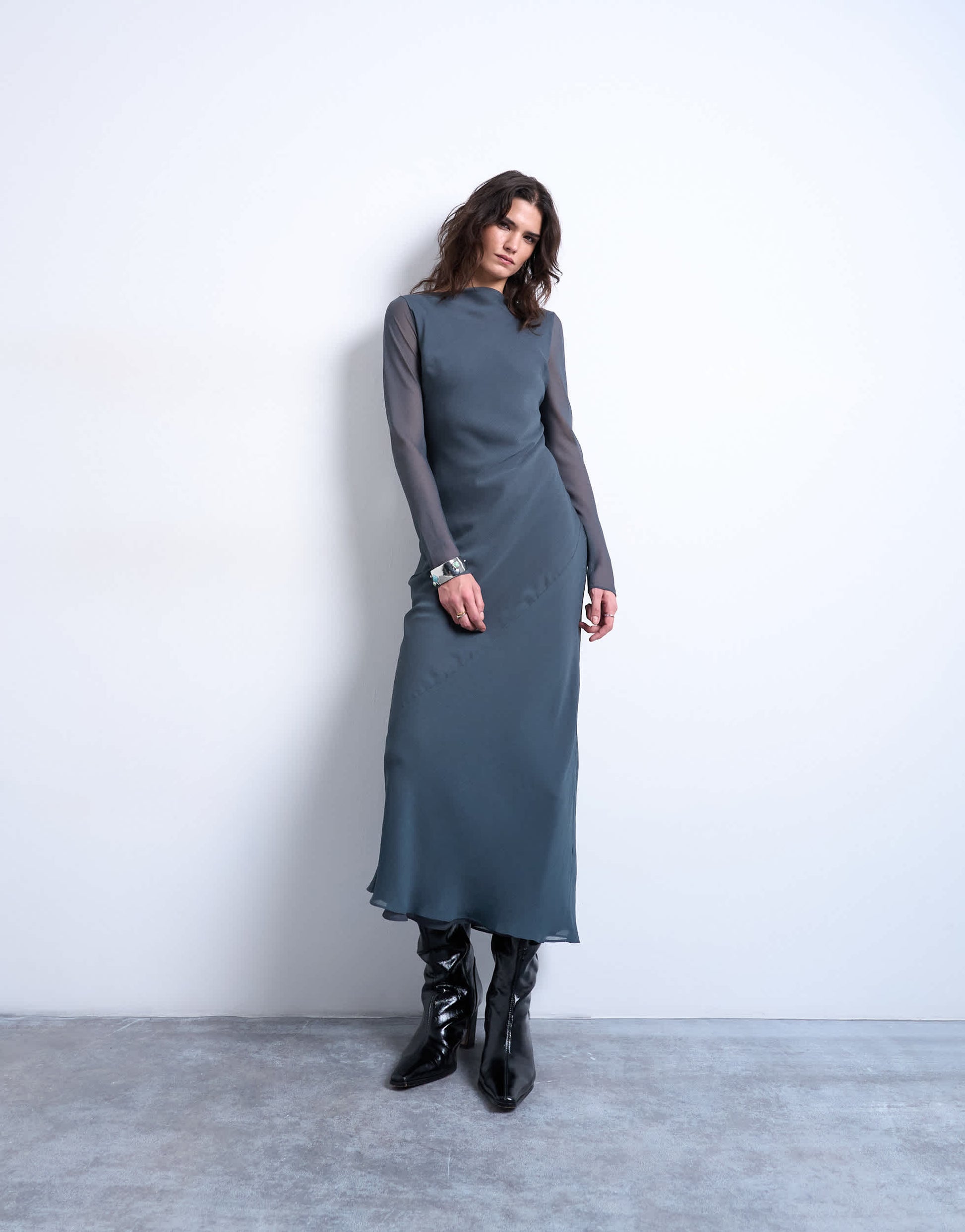 Topshop slash neck chiffon maxi dress in petrol