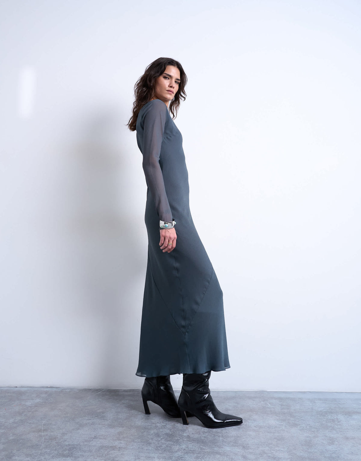 Topshop slash neck chiffon maxi dress in petrol