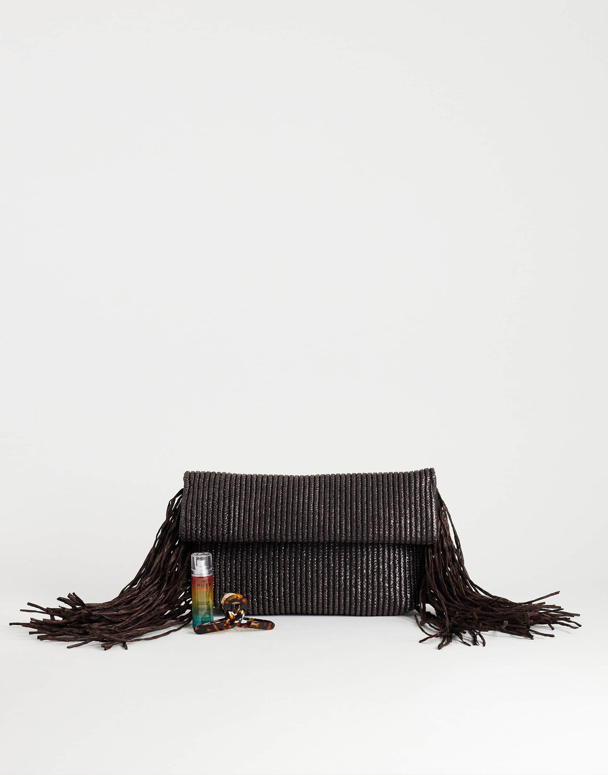 Topshop Tassel oversized weave clutch bag in chocolate