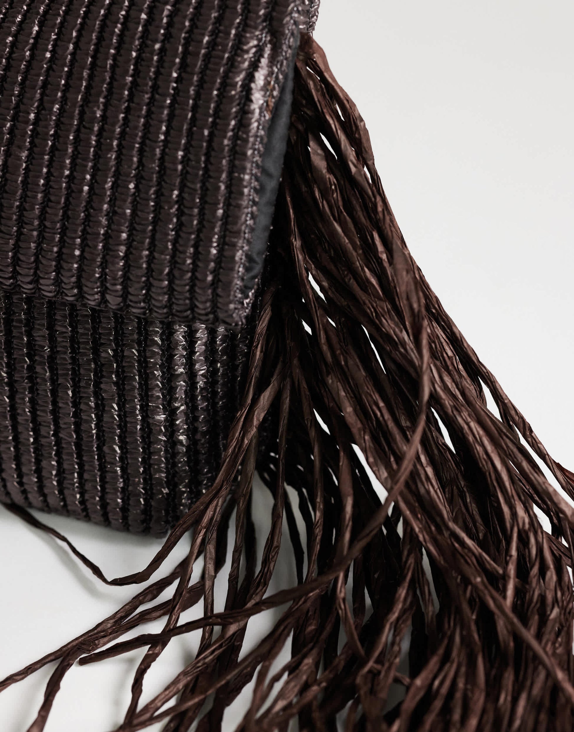 Topshop Tassel oversized weave clutch bag in chocolate