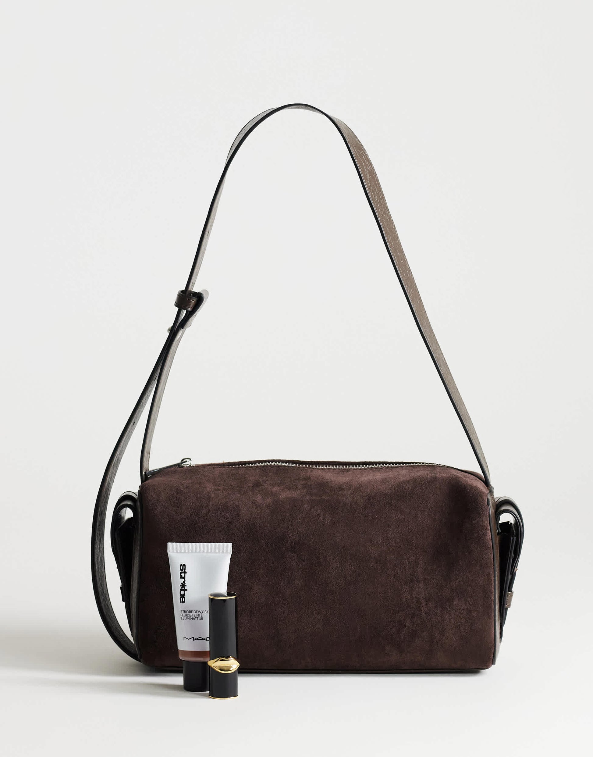 Topshop Sabrina medium suedette shoulder bag with pockets in chocolate