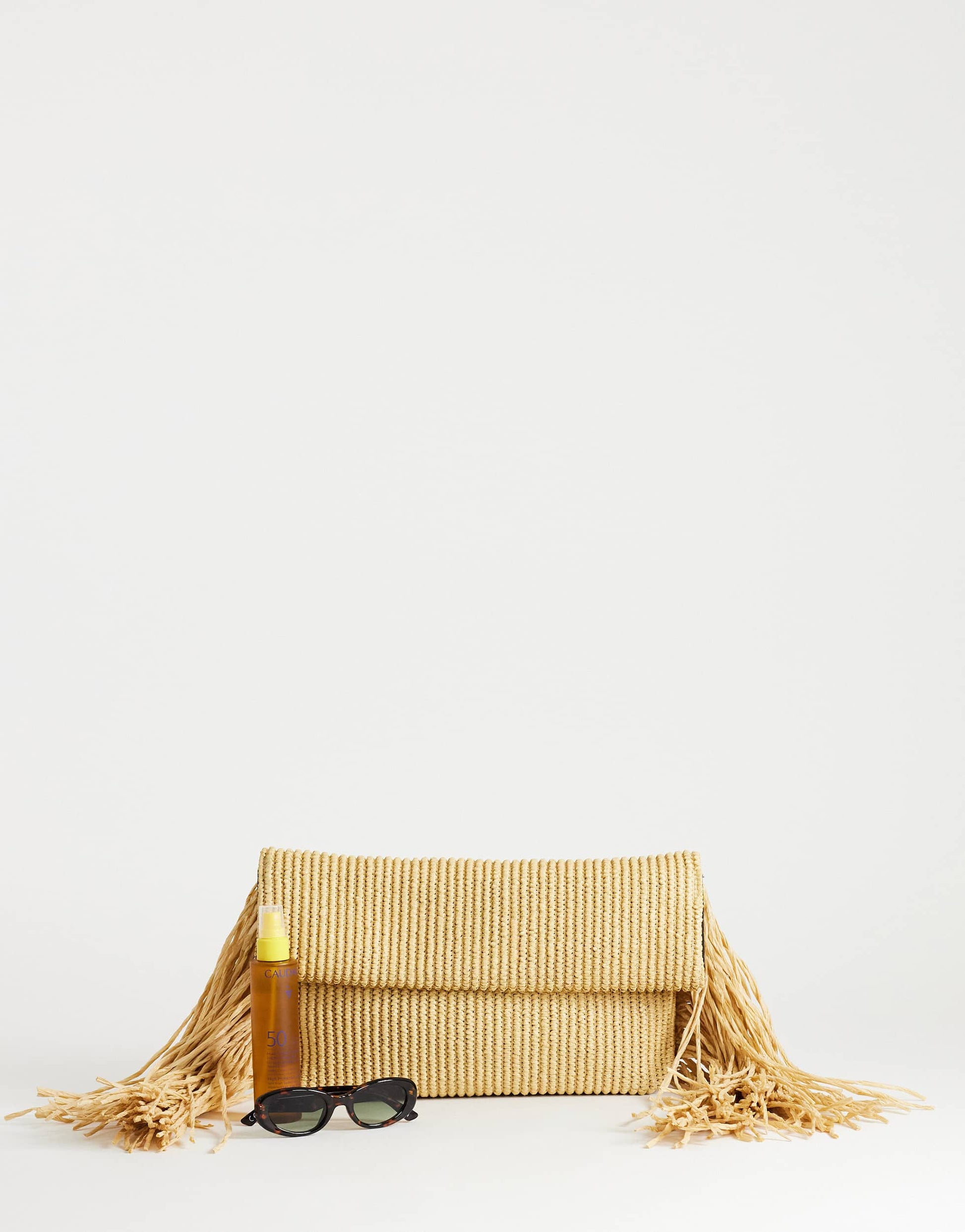 Topshop Tassel oversized weave clutch bag in natural