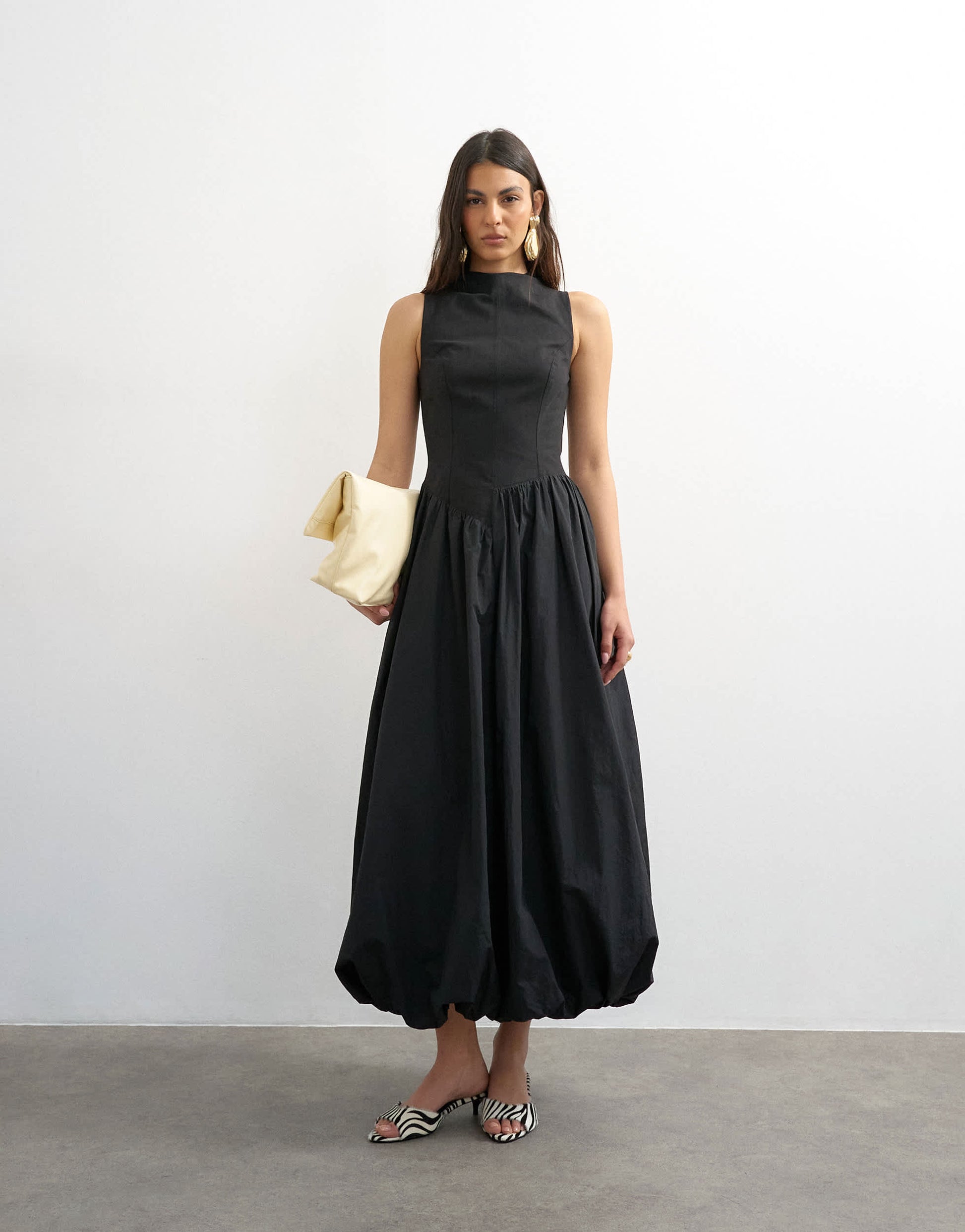 Topshop high neck asymmetric waist bubble hem maxi dress in black