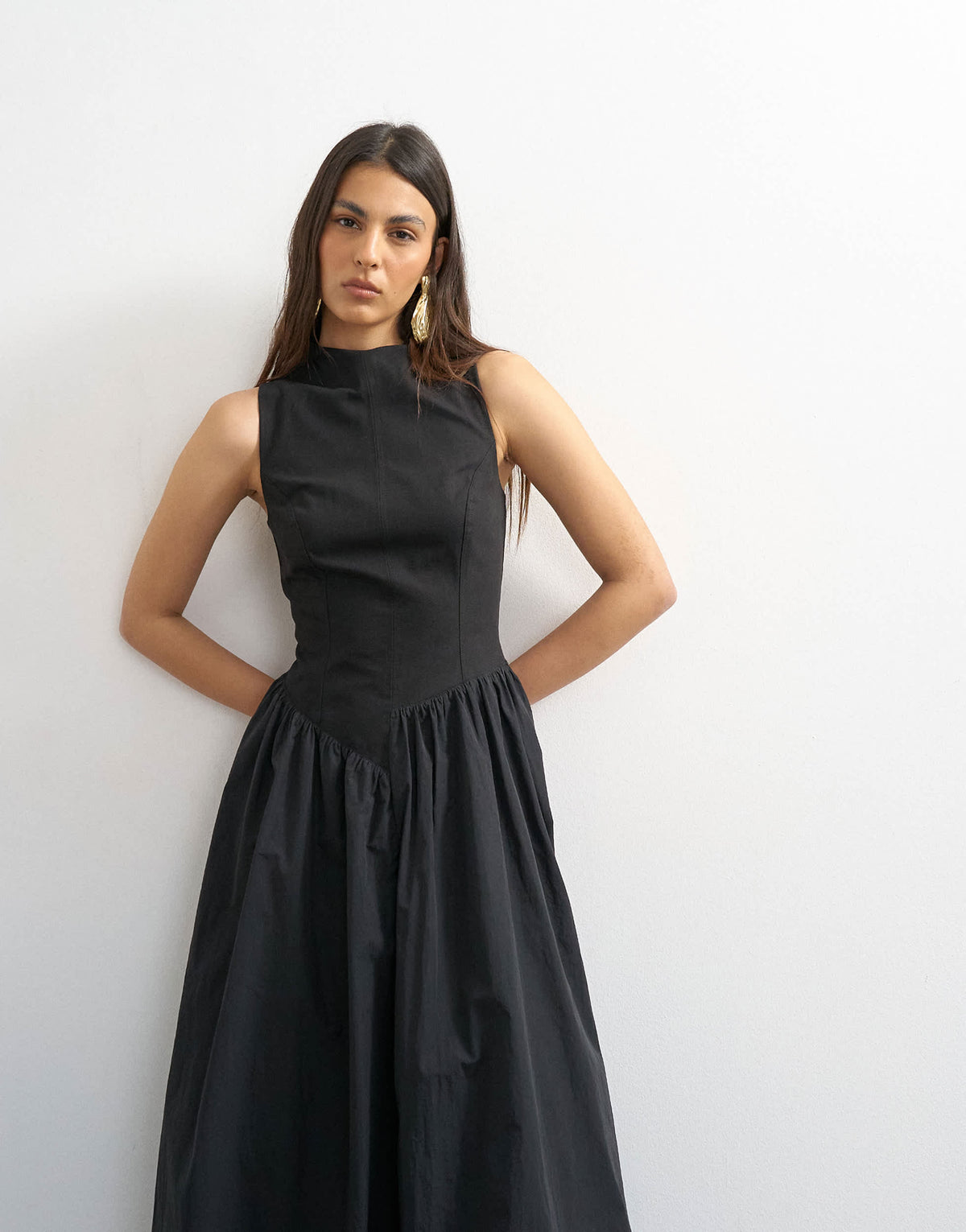 Topshop high neck asymmetric waist bubble hem maxi dress in black