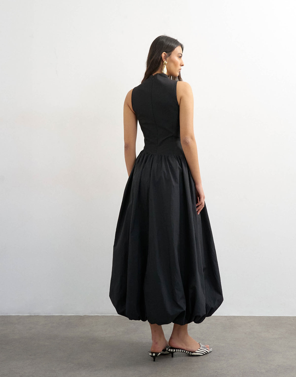 Topshop high neck asymmetric waist bubble hem maxi dress in black