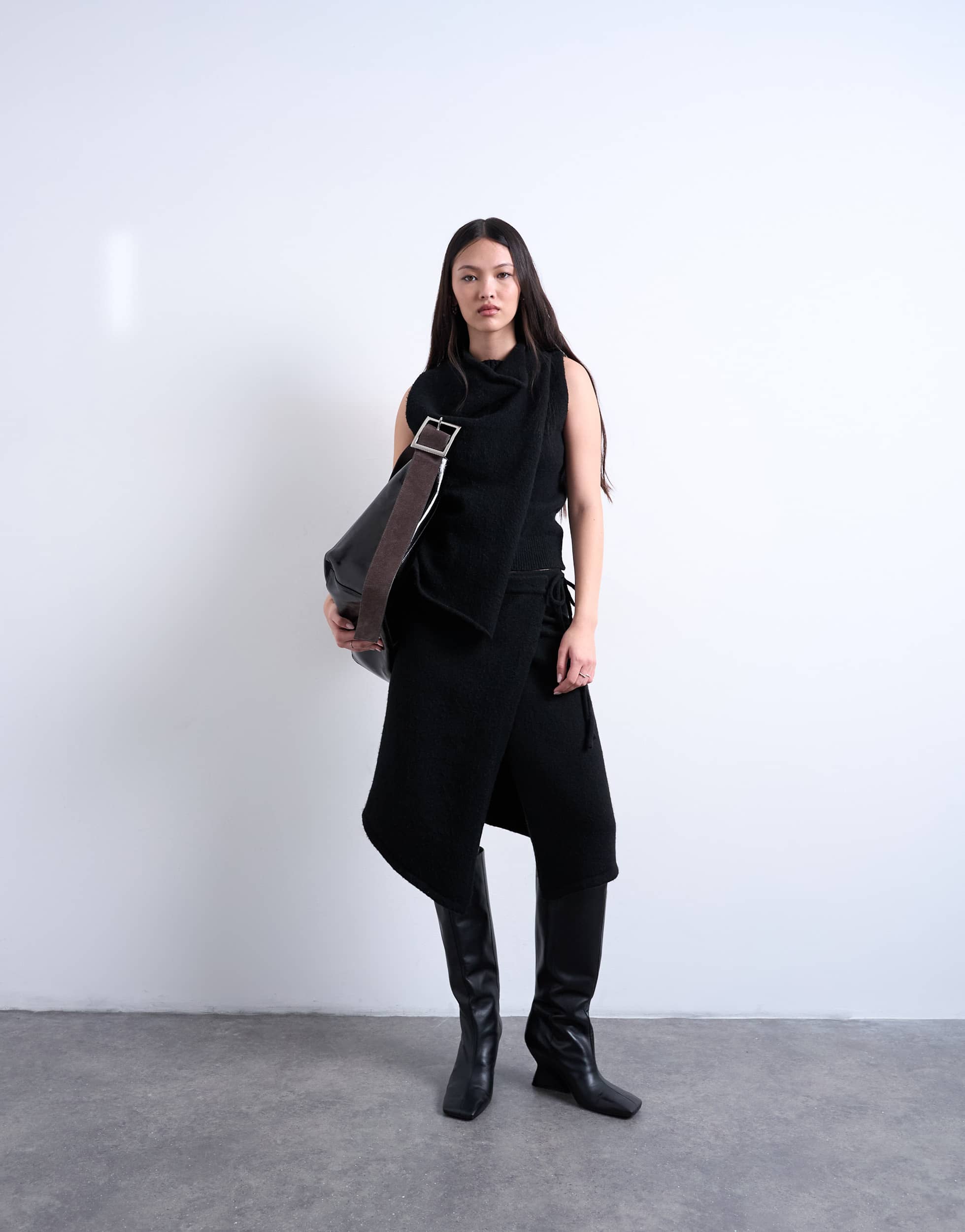 Topshop knitted asymmetric wrap skirt co-ord in black