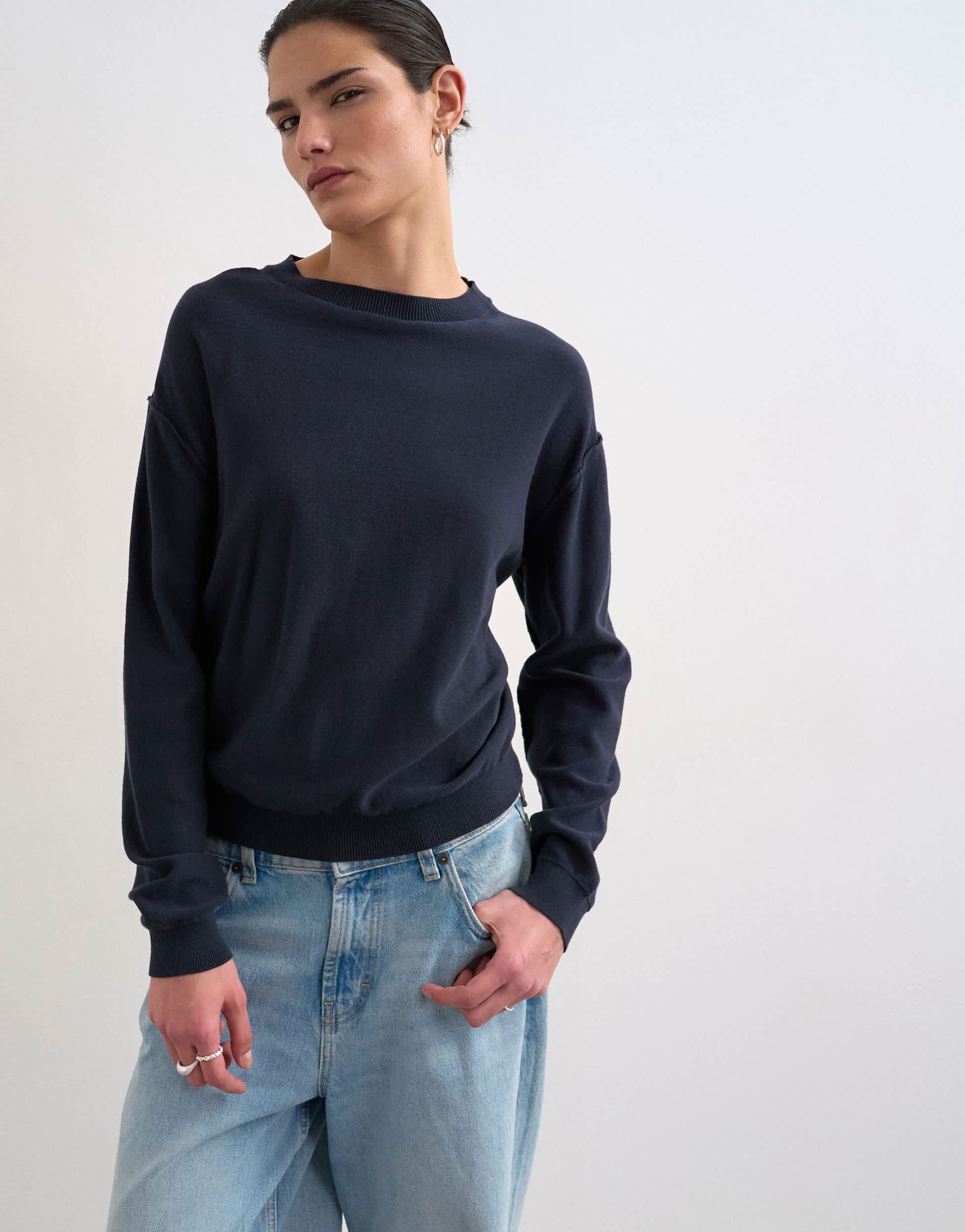 Topshop knitted button back jumper in navy
