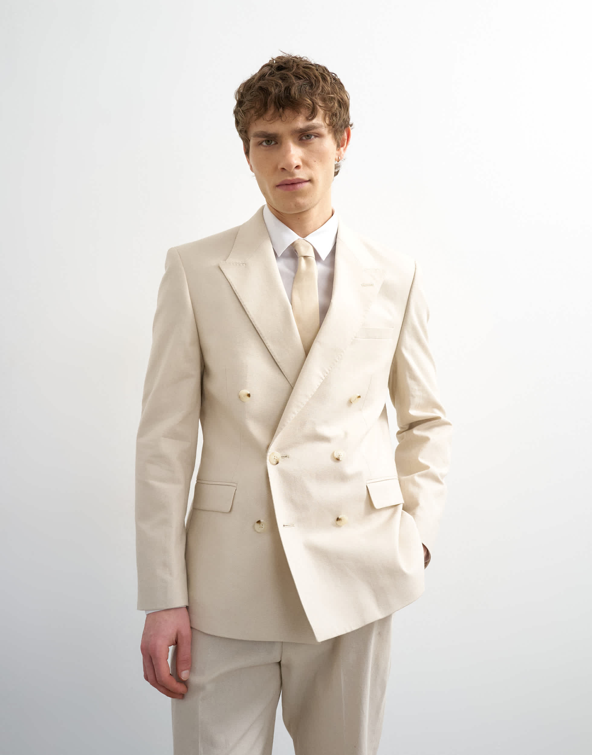 Topman double breasted linen rich blazer in stone