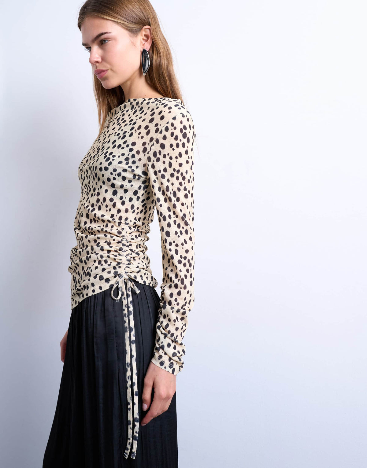 Topshop ruched long sleeve top in animal print