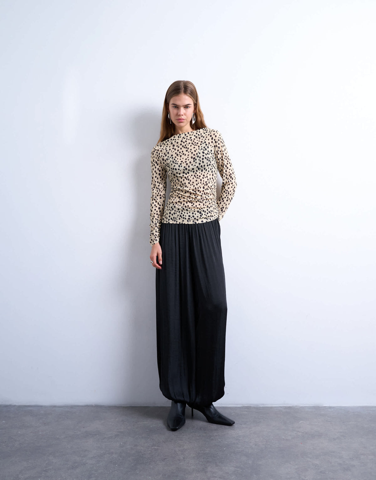 Topshop ruched long sleeve top in animal print