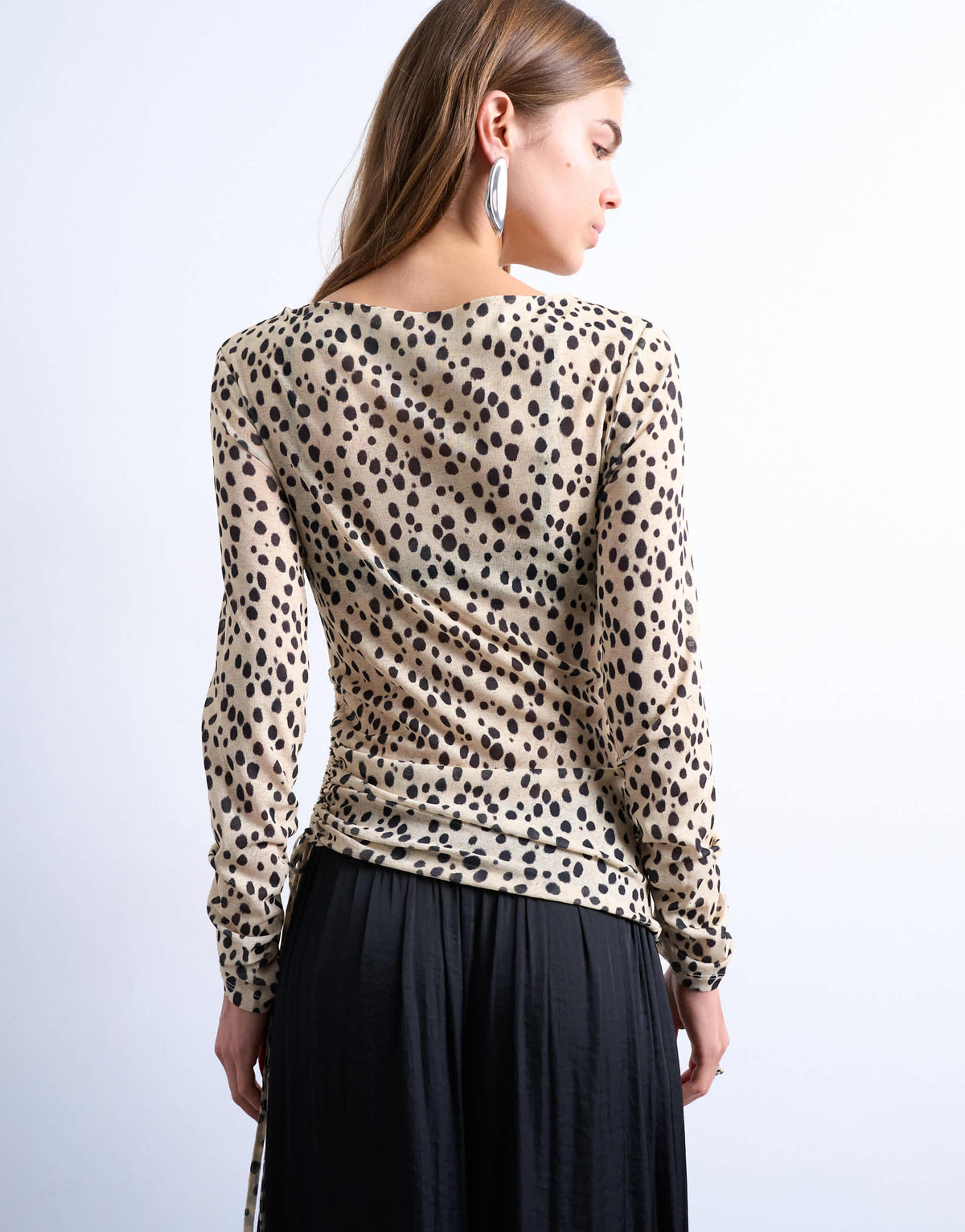 Topshop ruched long sleeve top in animal print