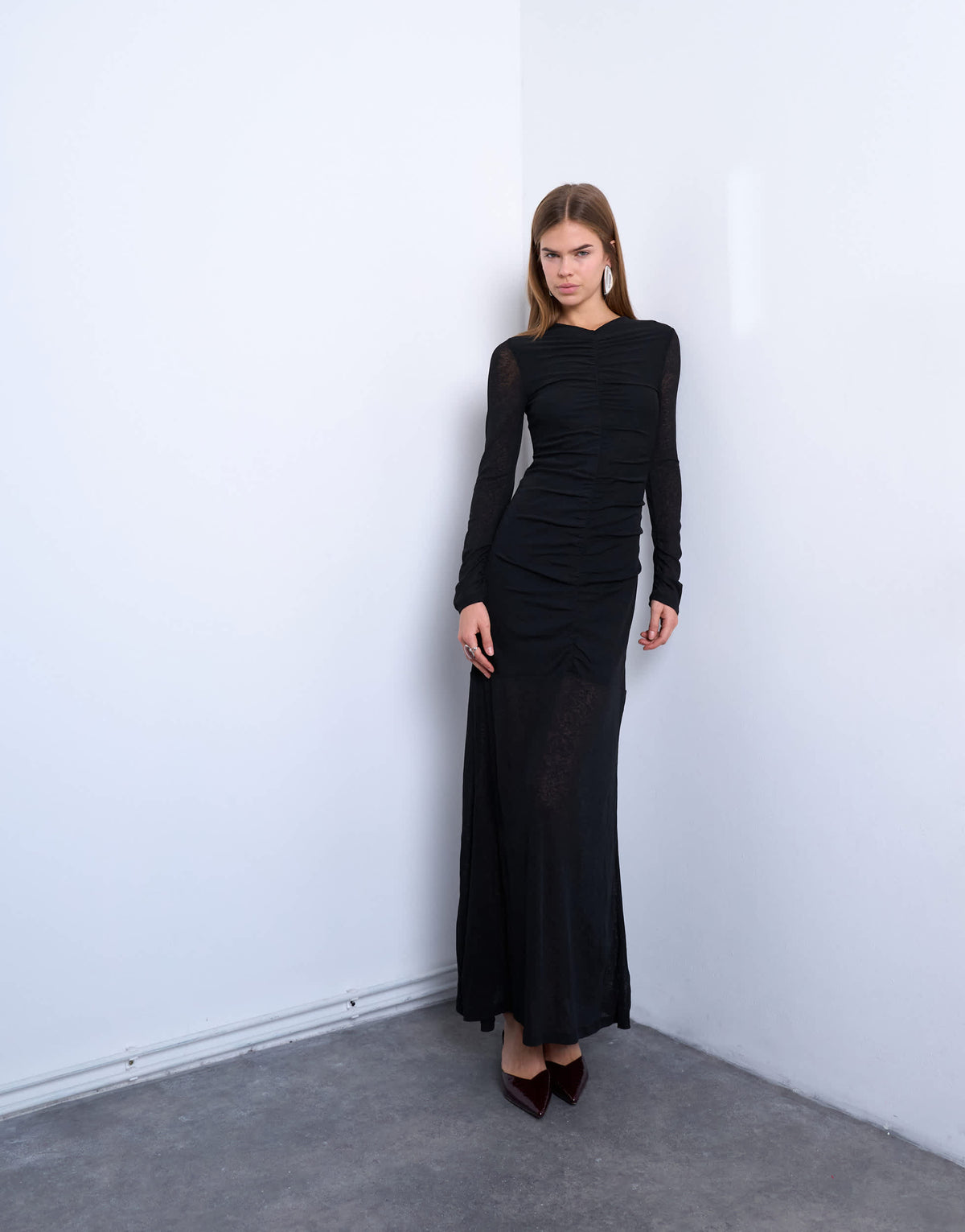 Topshop ruched front drop waist maxi dress in black