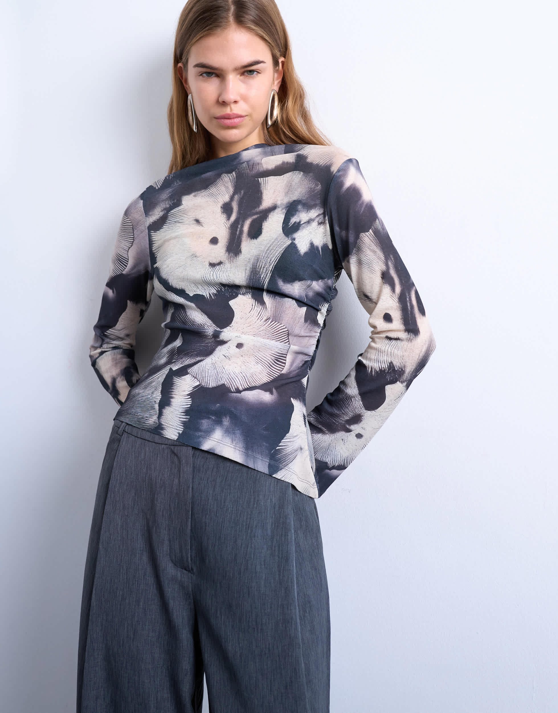 Topshop asymmetric drape abstract print long sleeve top in multi