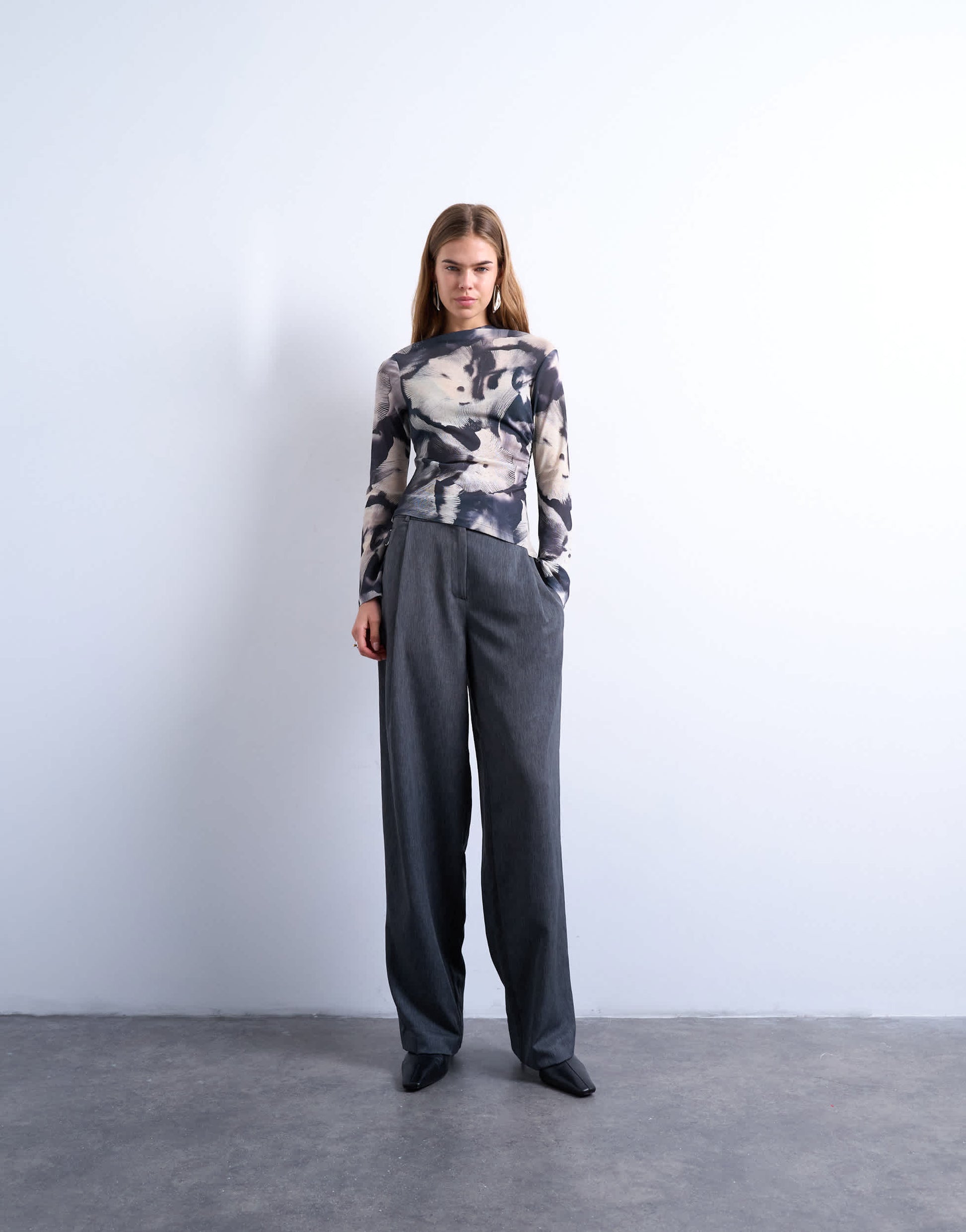 Topshop asymmetric drape abstract print long sleeve top in multi