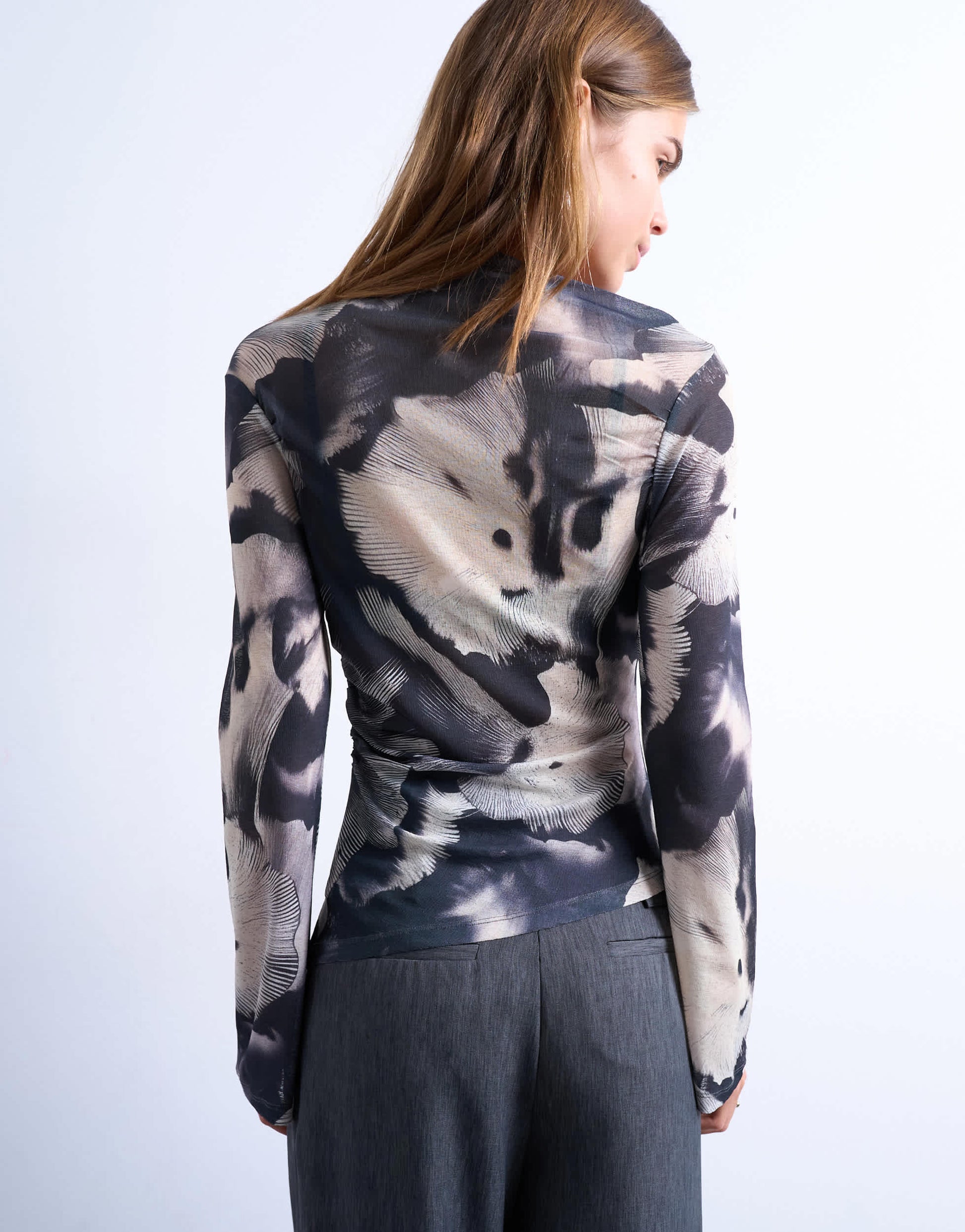 Topshop asymmetric drape abstract print long sleeve top in multi