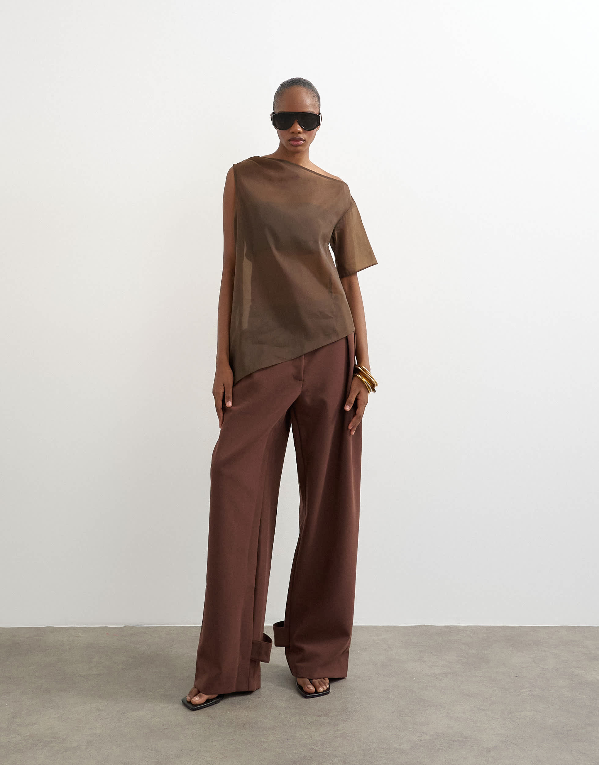 Topshop tailored barrel leg tab detail trouser in brown