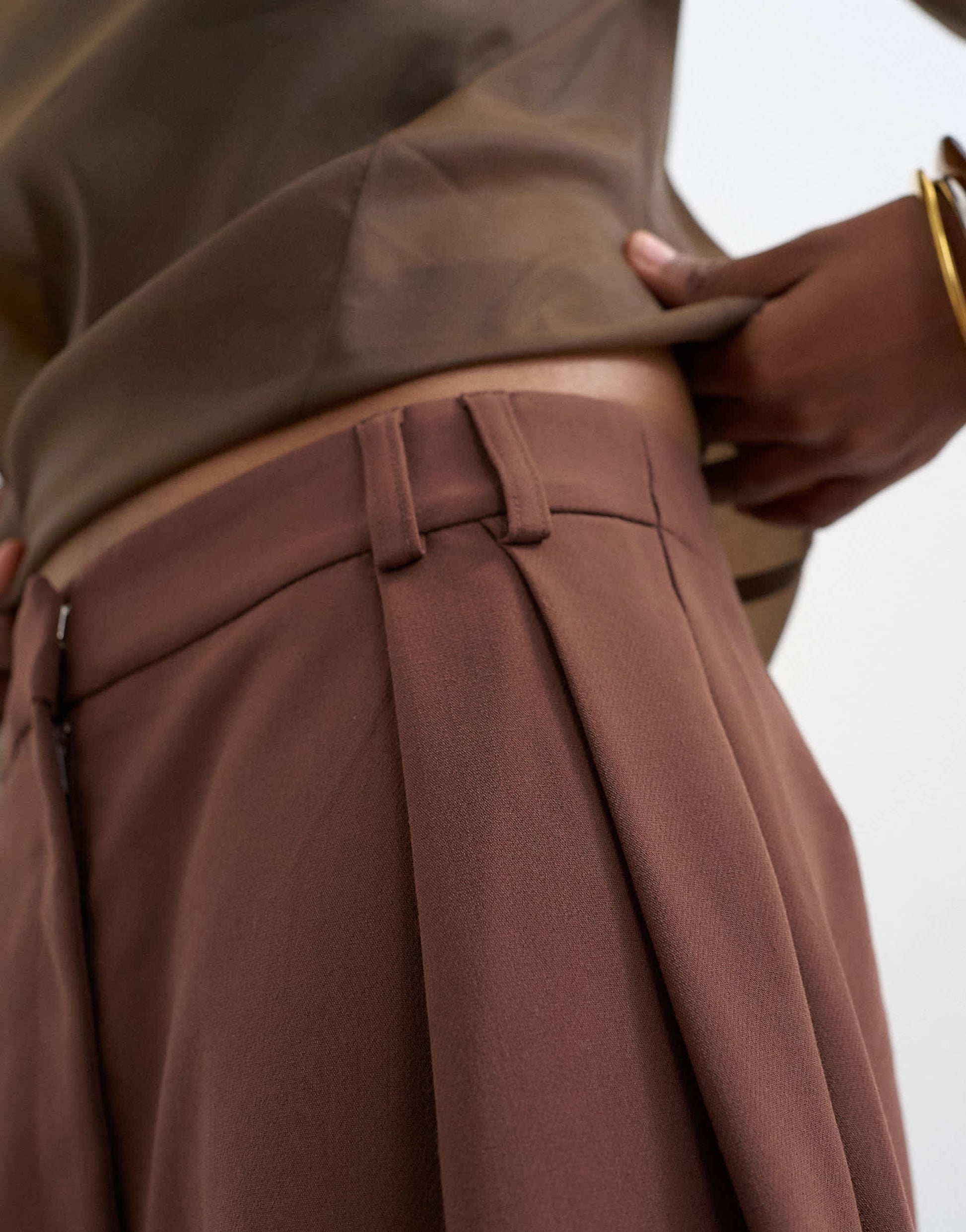 Topshop tailored barrel leg tab detail trouser in brown