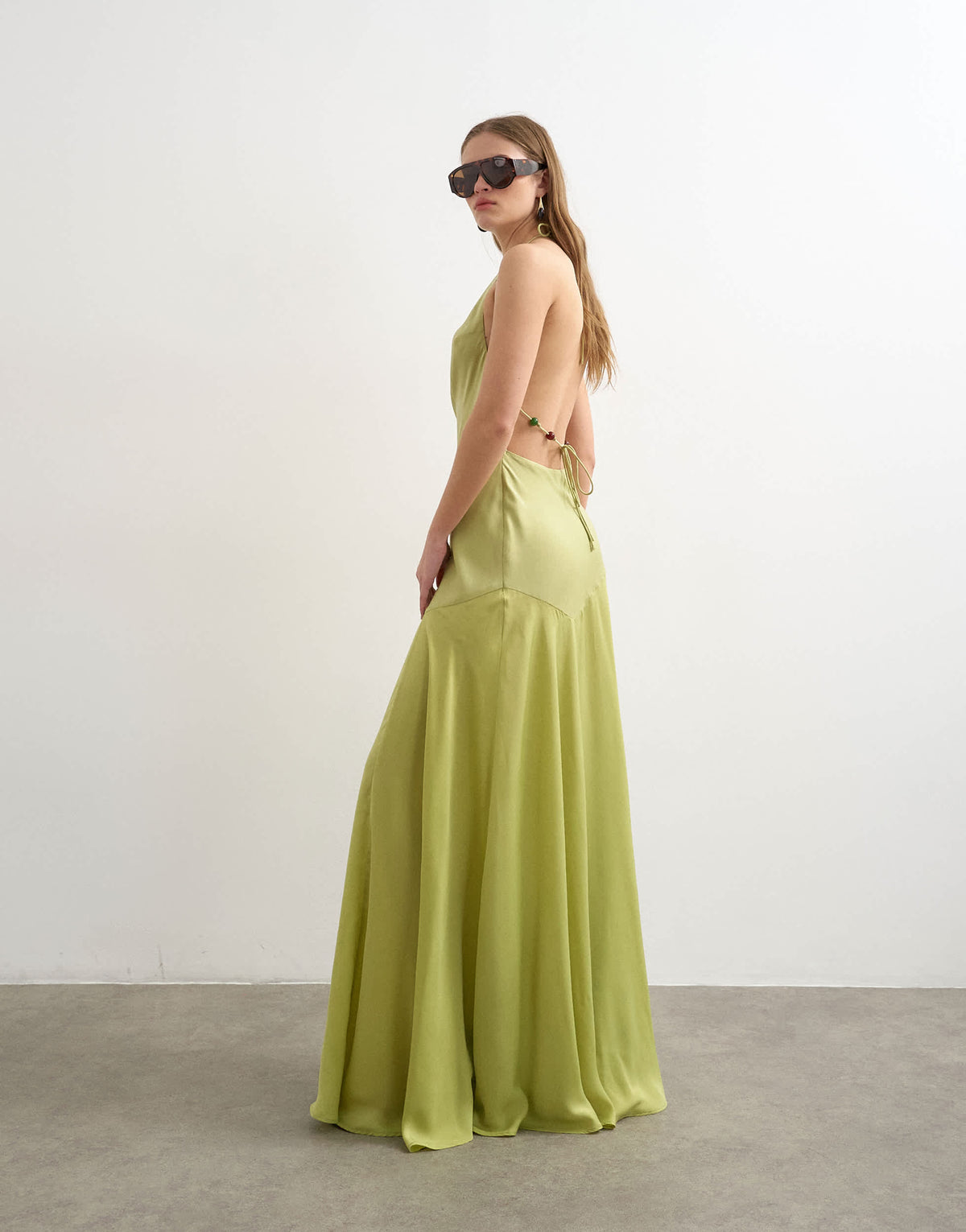 Topshop satin halter neck maxi dress beaded back detail in lime
