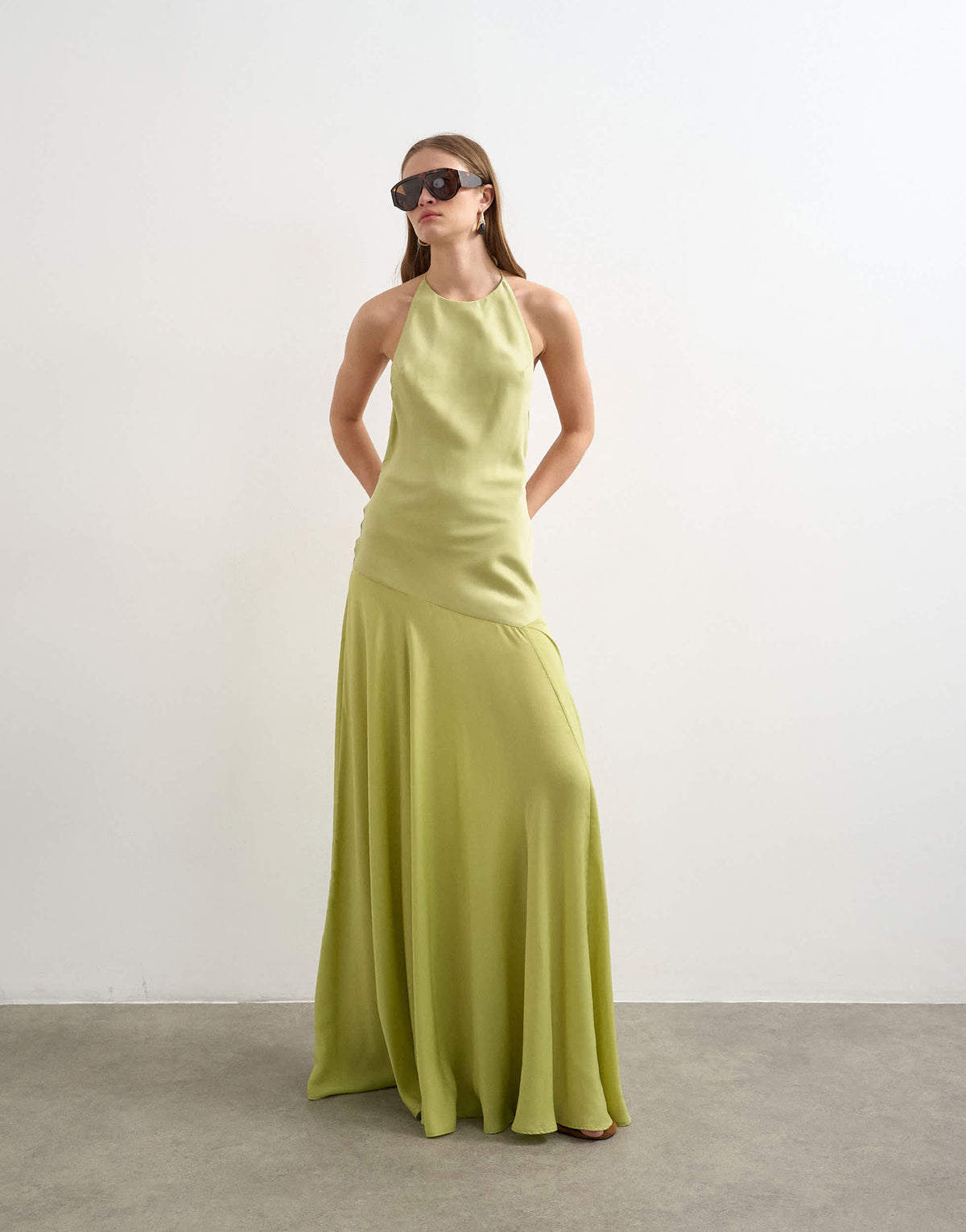Topshop satin halter neck maxi dress beaded back detail in lime