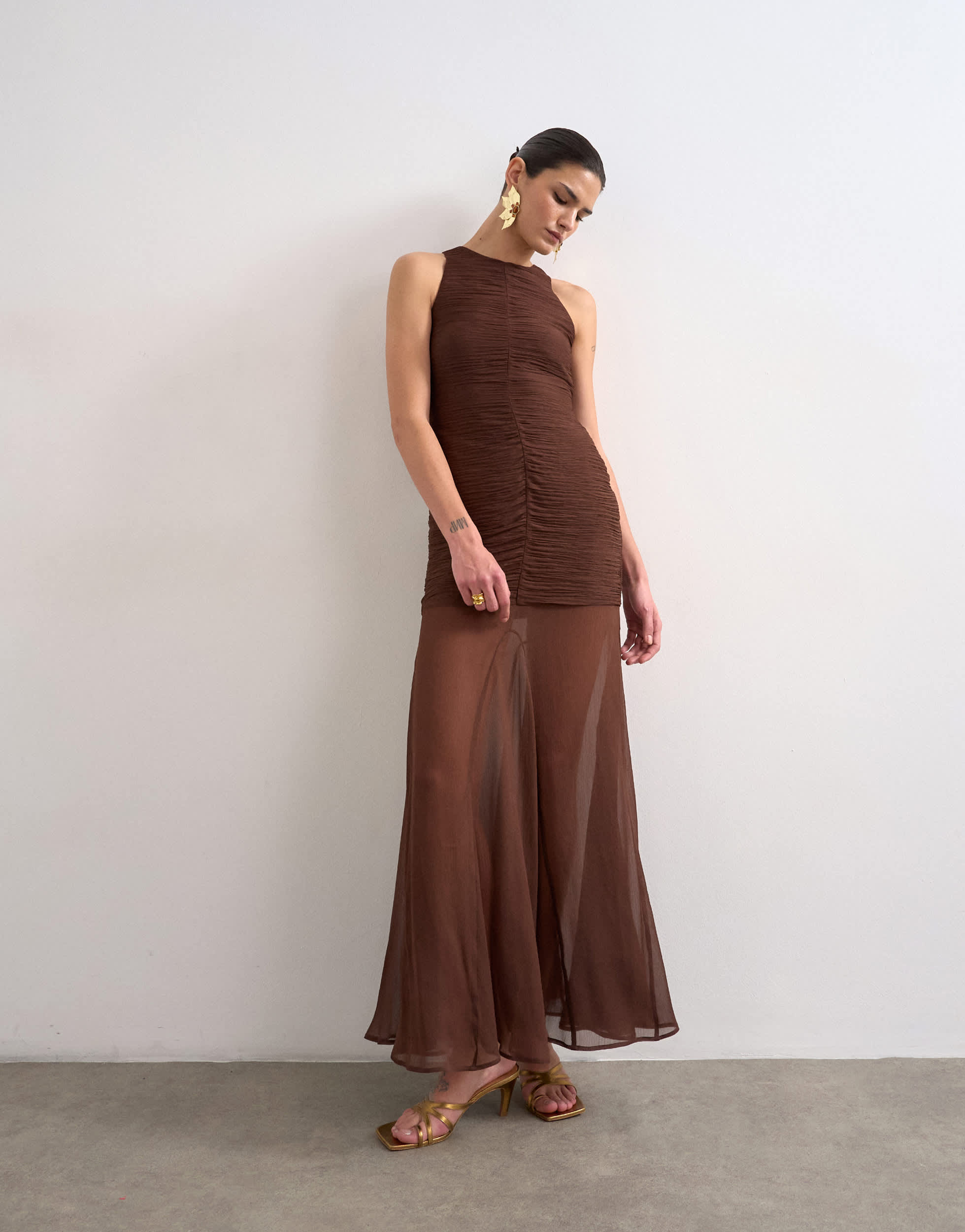 Topshop satin high neck pleated dropped waist maxi dress in chocolate