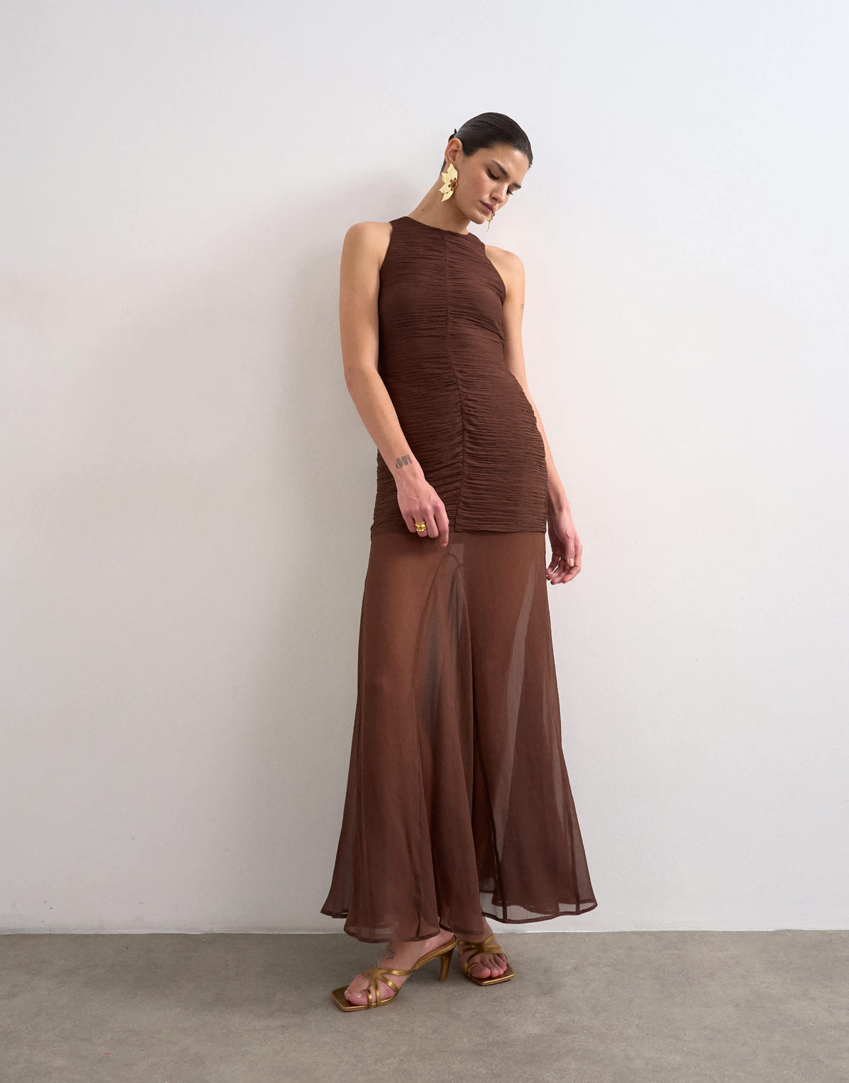 Topshop satin high neck pleated dropped waist maxi dress in chocolate