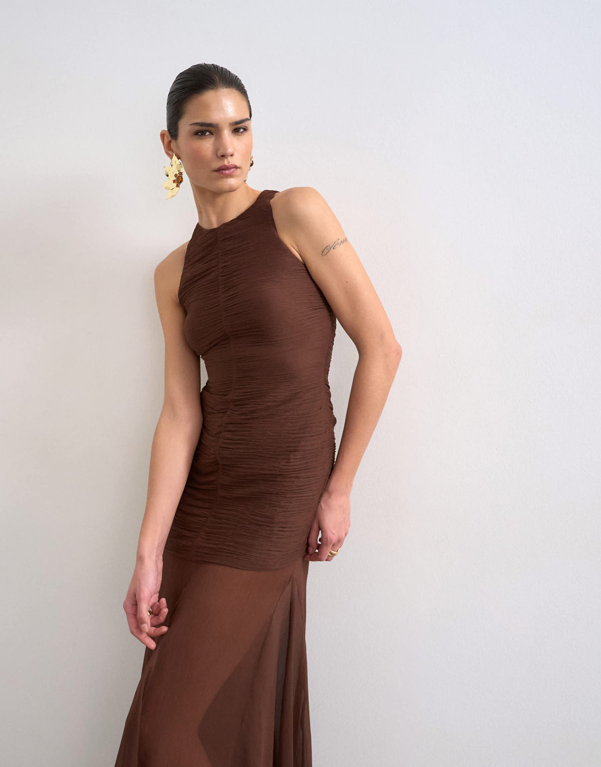 Topshop satin high neck pleated dropped waist maxi dress in chocolate