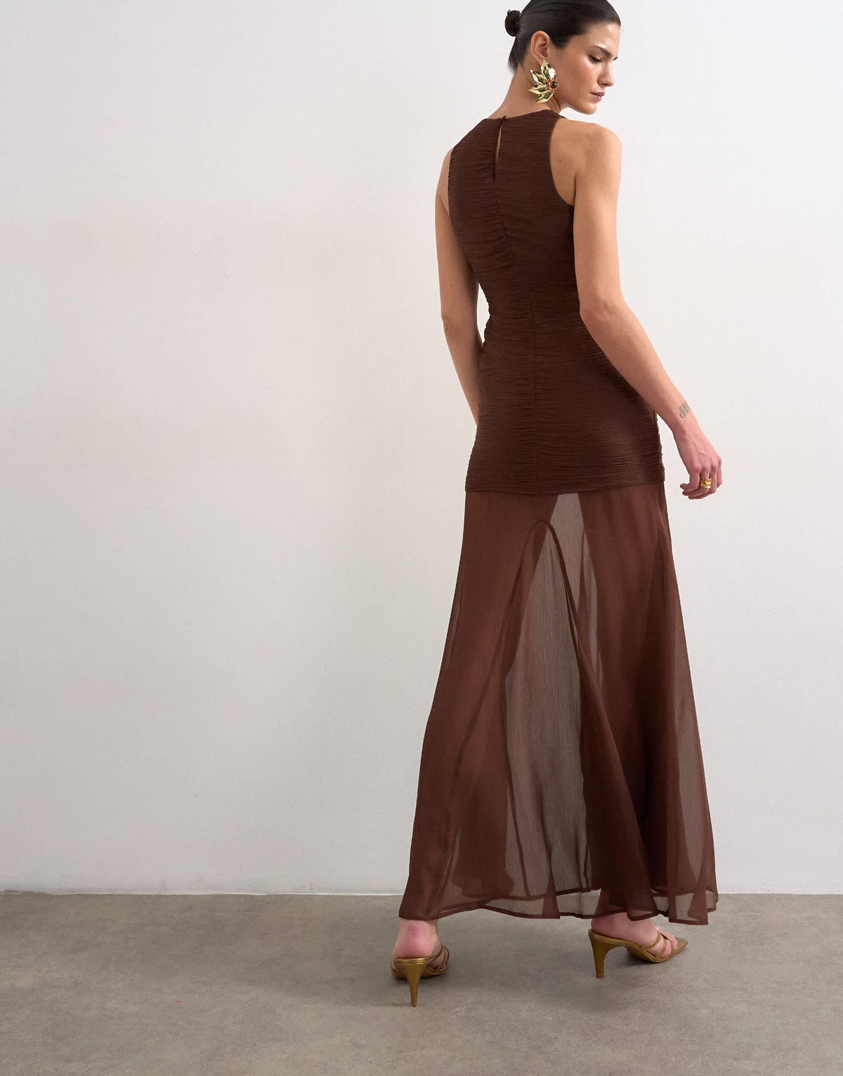 Topshop satin high neck pleated dropped waist maxi dress in chocolate
