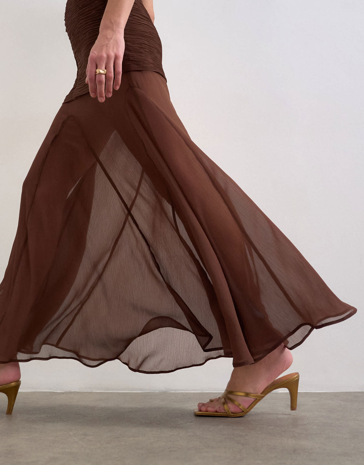 Topshop satin high neck pleated dropped waist maxi dress in chocolate