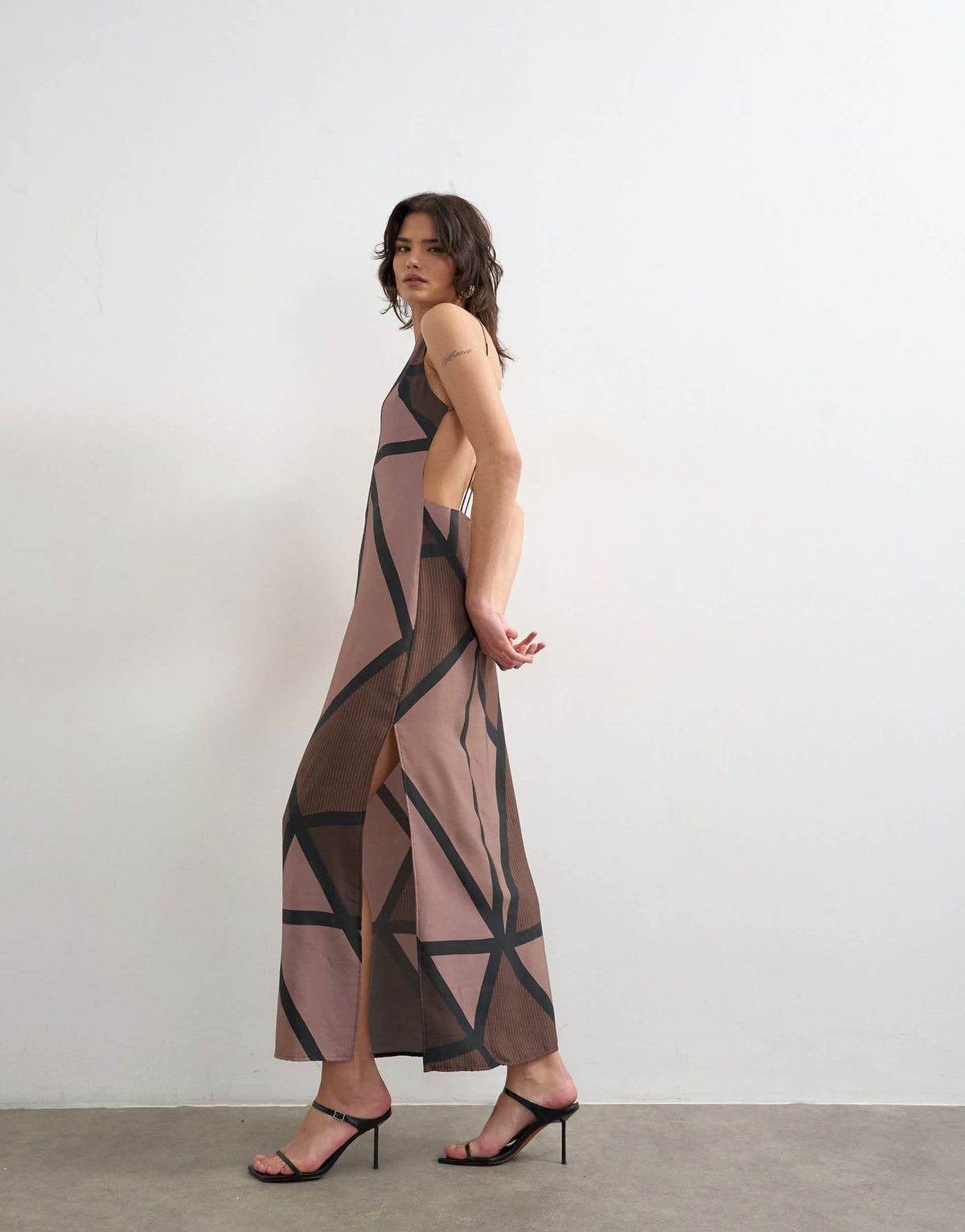 Topshop satin strappy open back maxi dress in brown abstract geo print