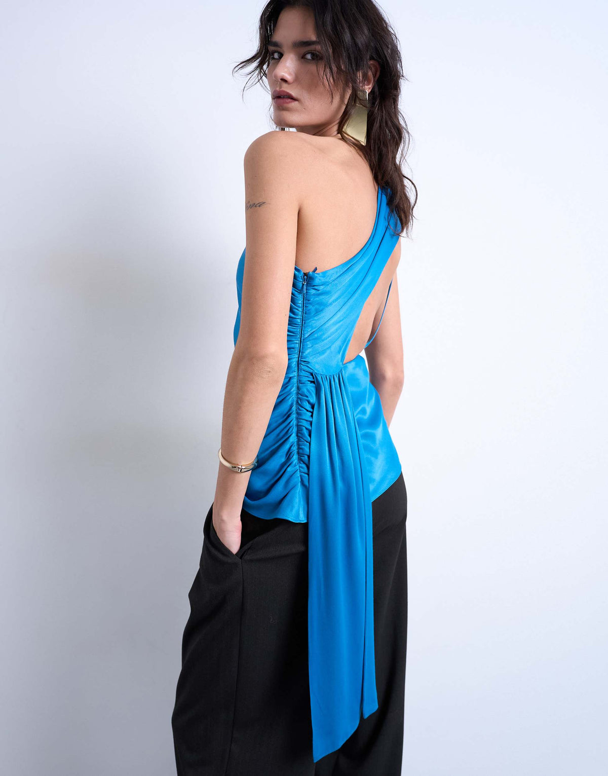 Topshop one shoulder top with drape back in blue