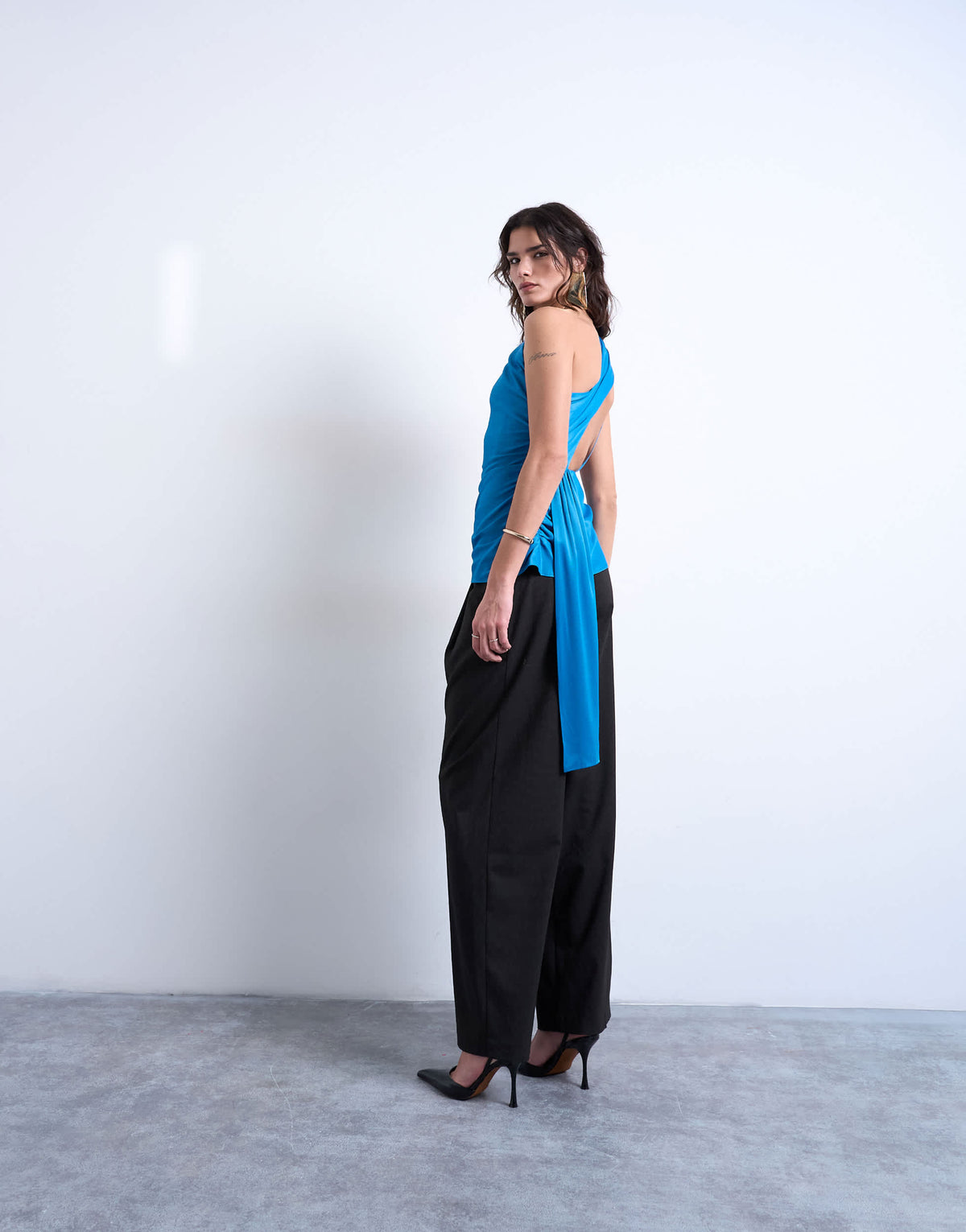 Topshop one shoulder top with drape back in blue