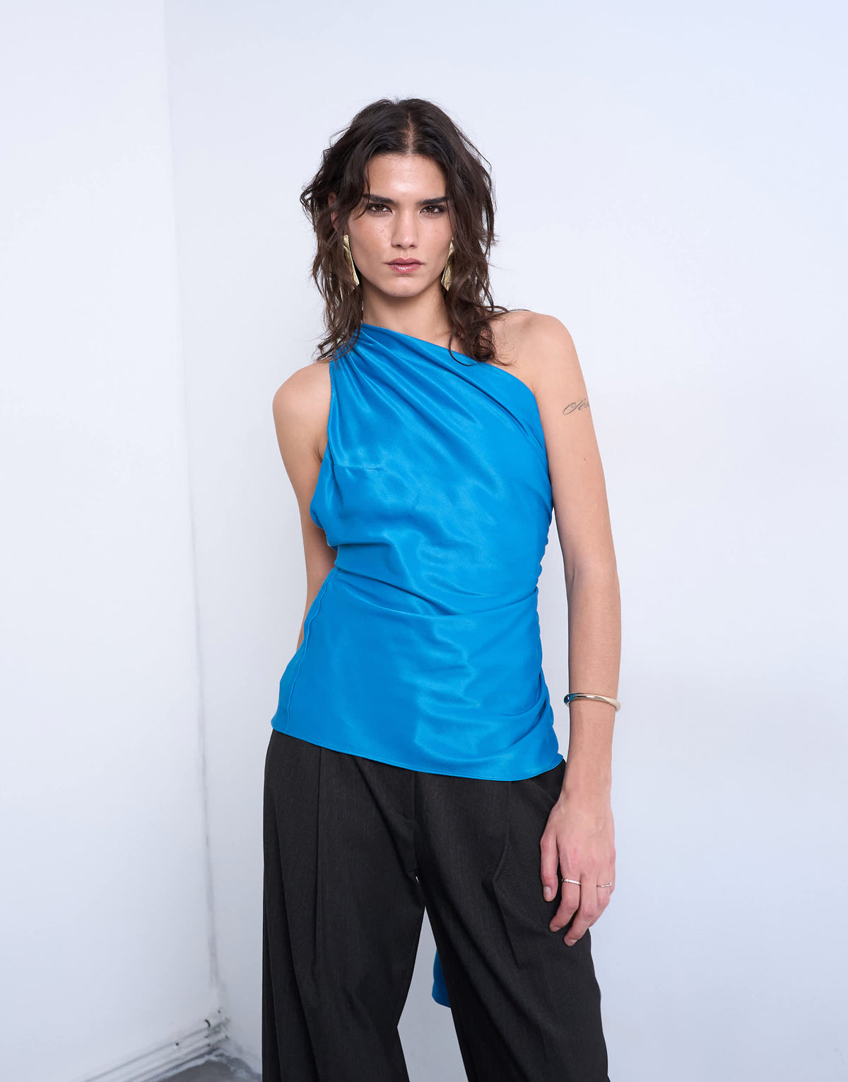 Topshop one shoulder top with drape back in blue
