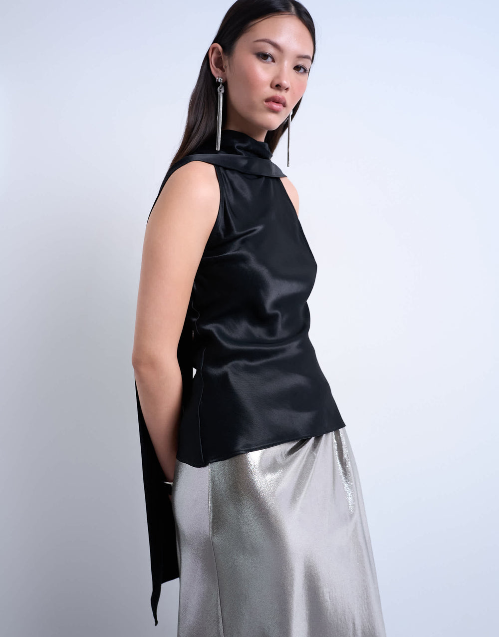 Topshop scarf detail satin top in black