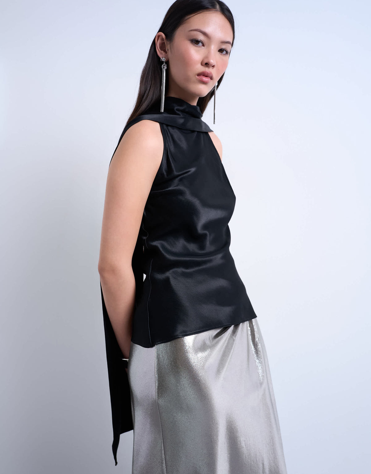 Topshop scarf detail satin top in black