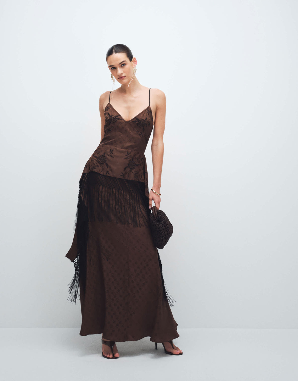 Topshop satin strappy maxi dress with jacquard embroidery and fringing in chocolate