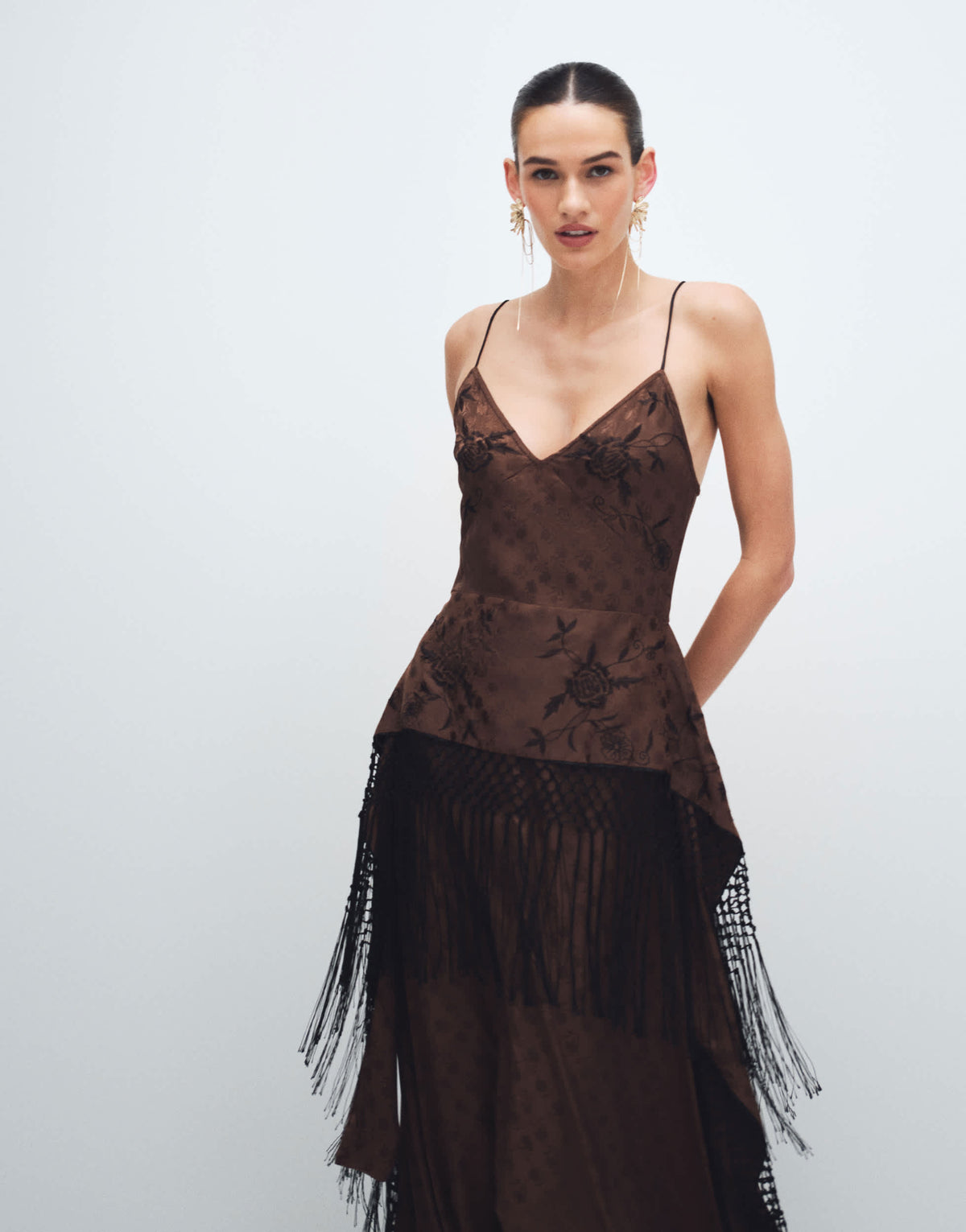 Topshop satin strappy maxi dress with jacquard embroidery and fringing in chocolate