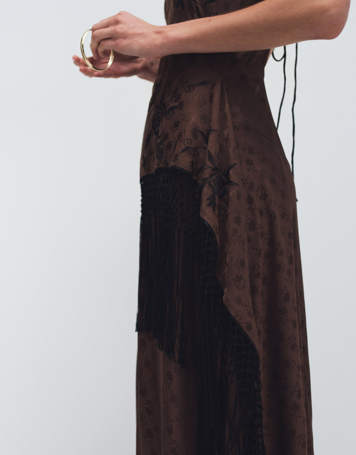 Topshop satin strappy maxi dress with jacquard embroidery and fringing in chocolate