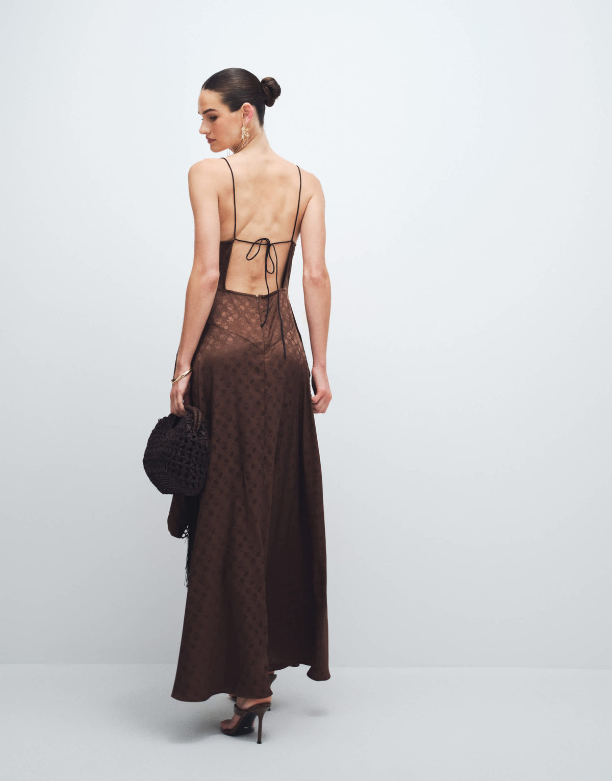 Topshop satin strappy maxi dress with jacquard embroidery and fringing in chocolate