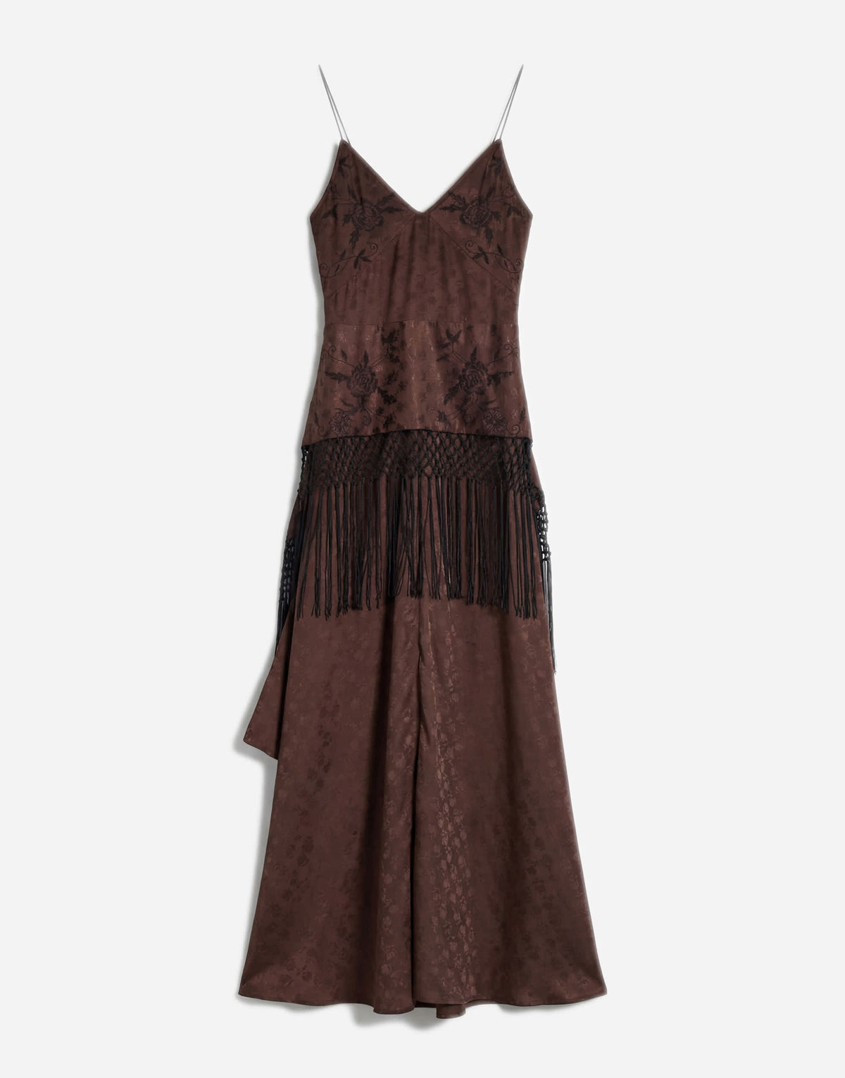 Topshop satin strappy maxi dress with jacquard embroidery and fringing in chocolate